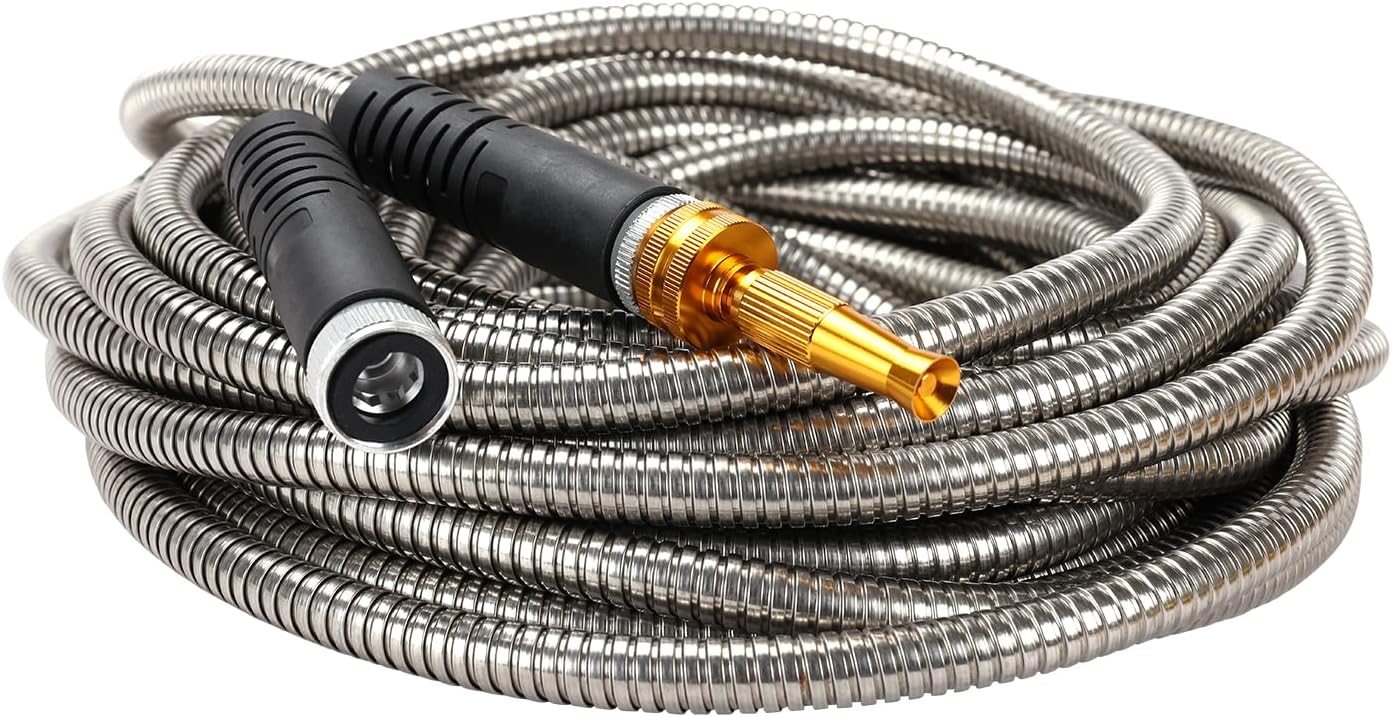 Melnor 97051AMZ XT Stainless Steel Garden Hose 5/8" x 50ft - Kink-Free - Lightweight - Rubberized Grips - Metal Twist Nozzle - Ultra Durable - Silver/Black
