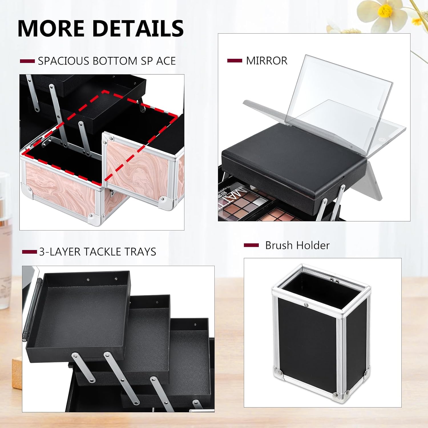 Travel Makeup Case with LED Lighted Mirror - 11.6" Portable Makeup Organizer Box, Cosmetic Train Case with Detachable Brush Holder - Fluid Pink - Image 4