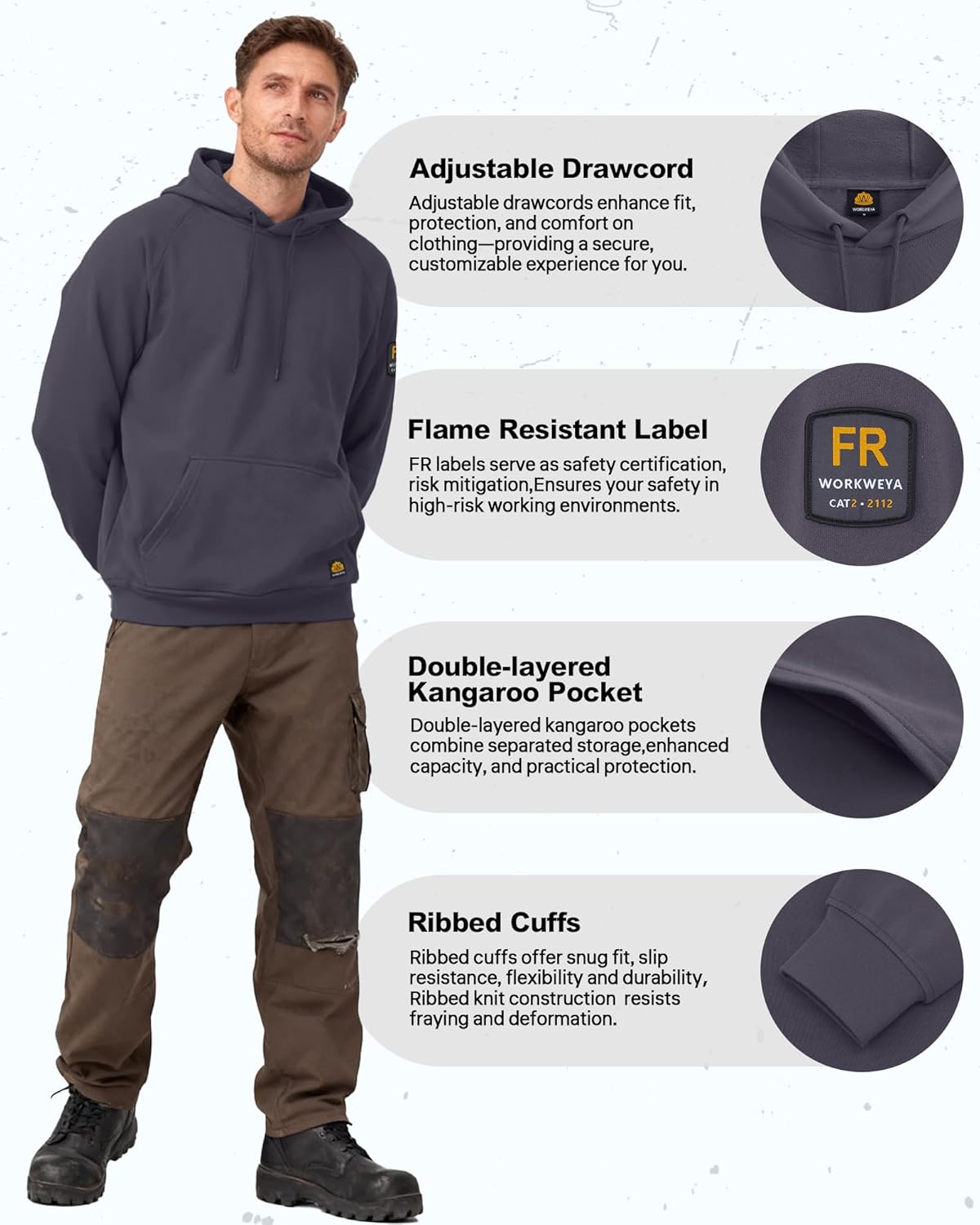 WORKWEYA FR Hoodies 10.5oz Cotton Fleece Flame Resistant Hooded Sweatshirt for Men - Image 5