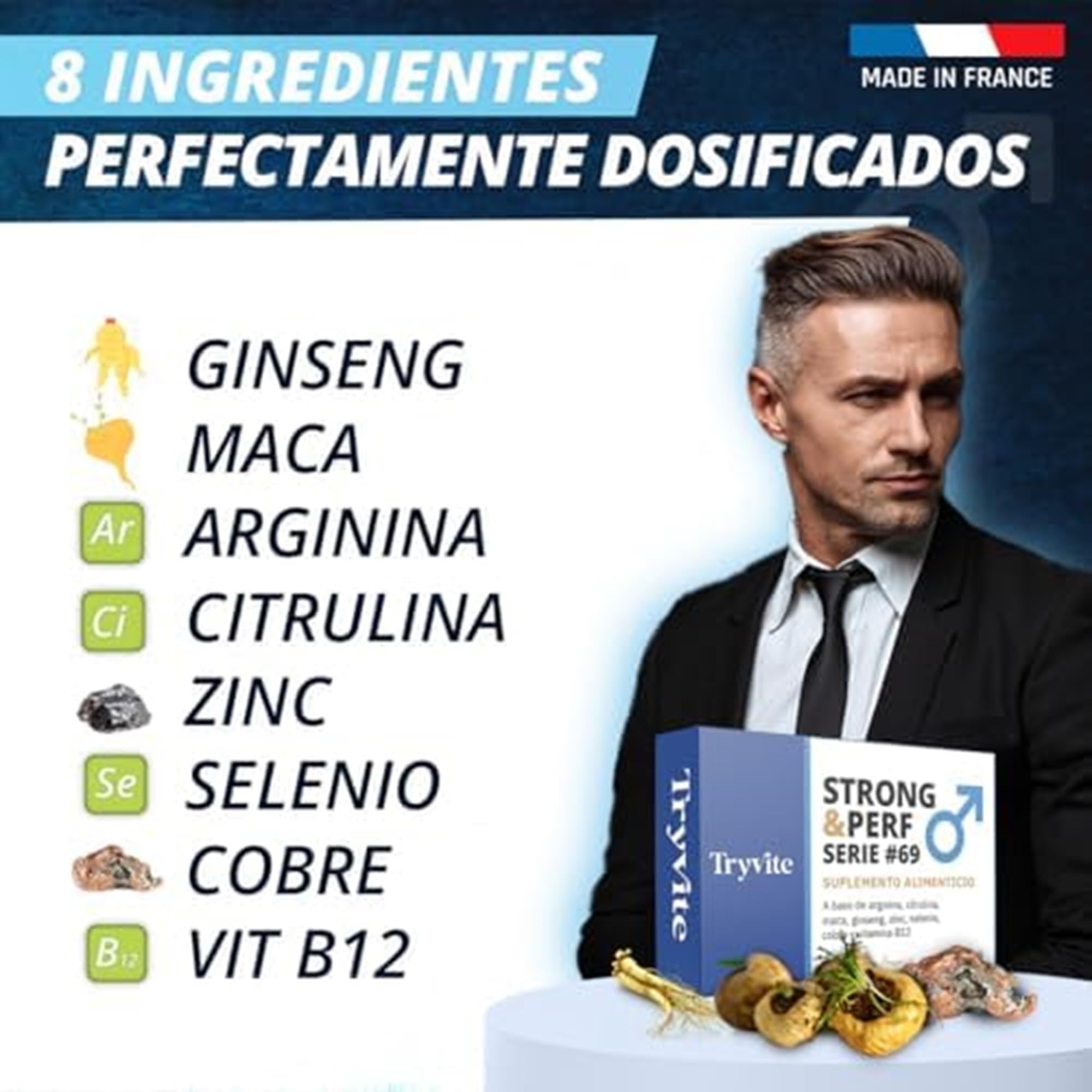 Fórmula Práctica para Hombres Activos | 60 Cápsulas con Ginseng, Maca, Arginina, Citrulina y Zinc | TRYVITE STRONG&PERF