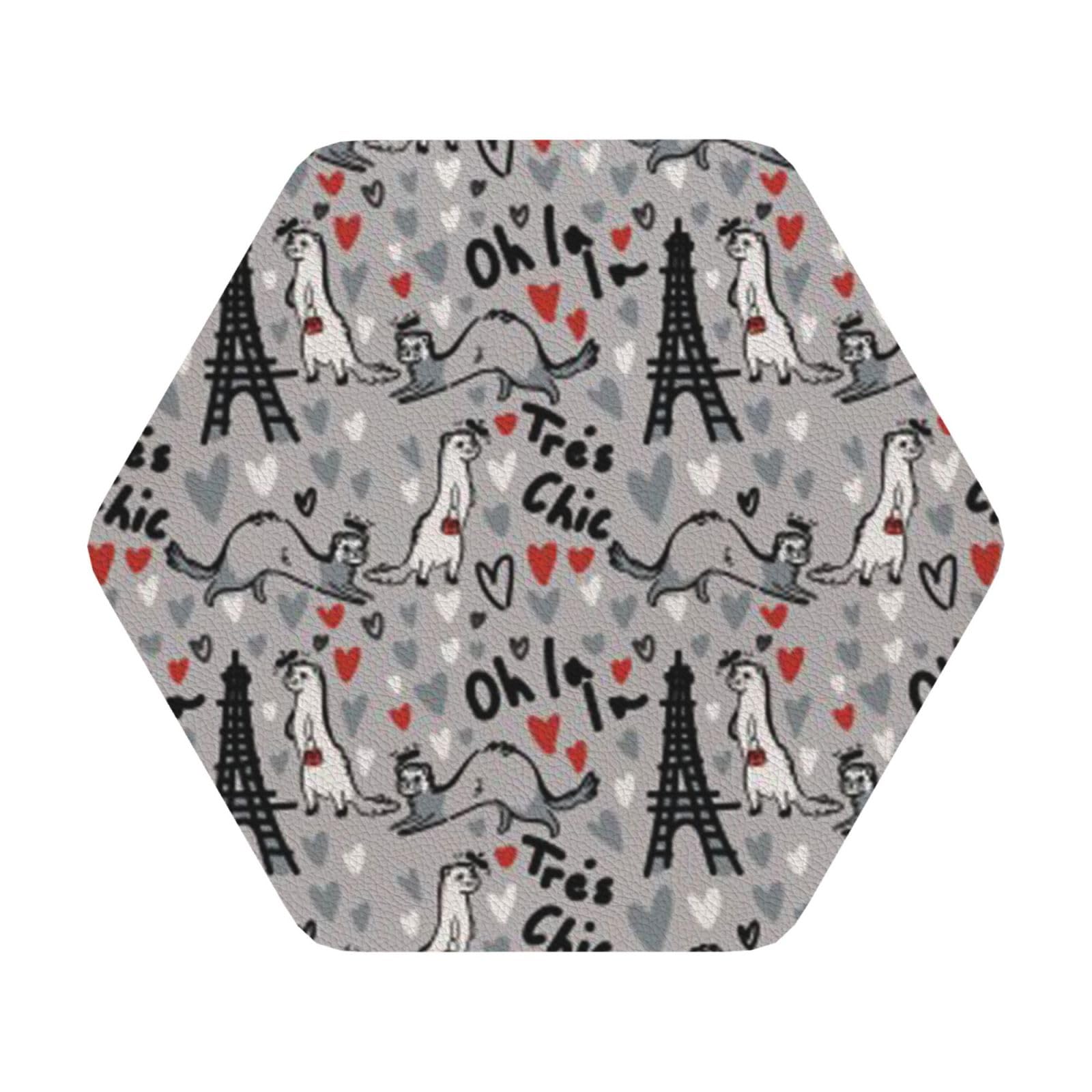 French Fashion Model Ferrets PU Leather Coasters Set of 6 Hexagon Drink Coasters