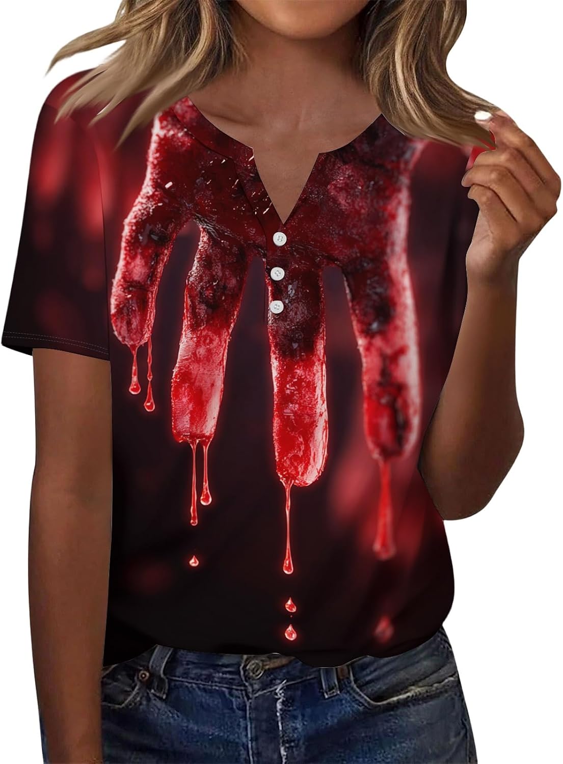 Women's Halloween Tops, Short Sleeve Button V Neck Funny Graphic Casual Shirts, S-3XL