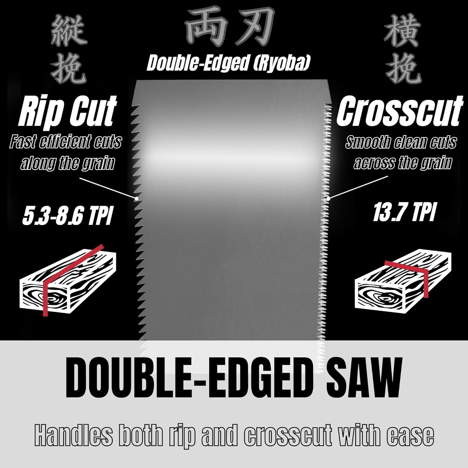 KAKURI Large Japanese Pull Saw 10.5" for Woodworking - Ryoba Double Edge Hand Saw for Rip & Crosscut - Non-Slip Cork Handle - Made in JAPAN