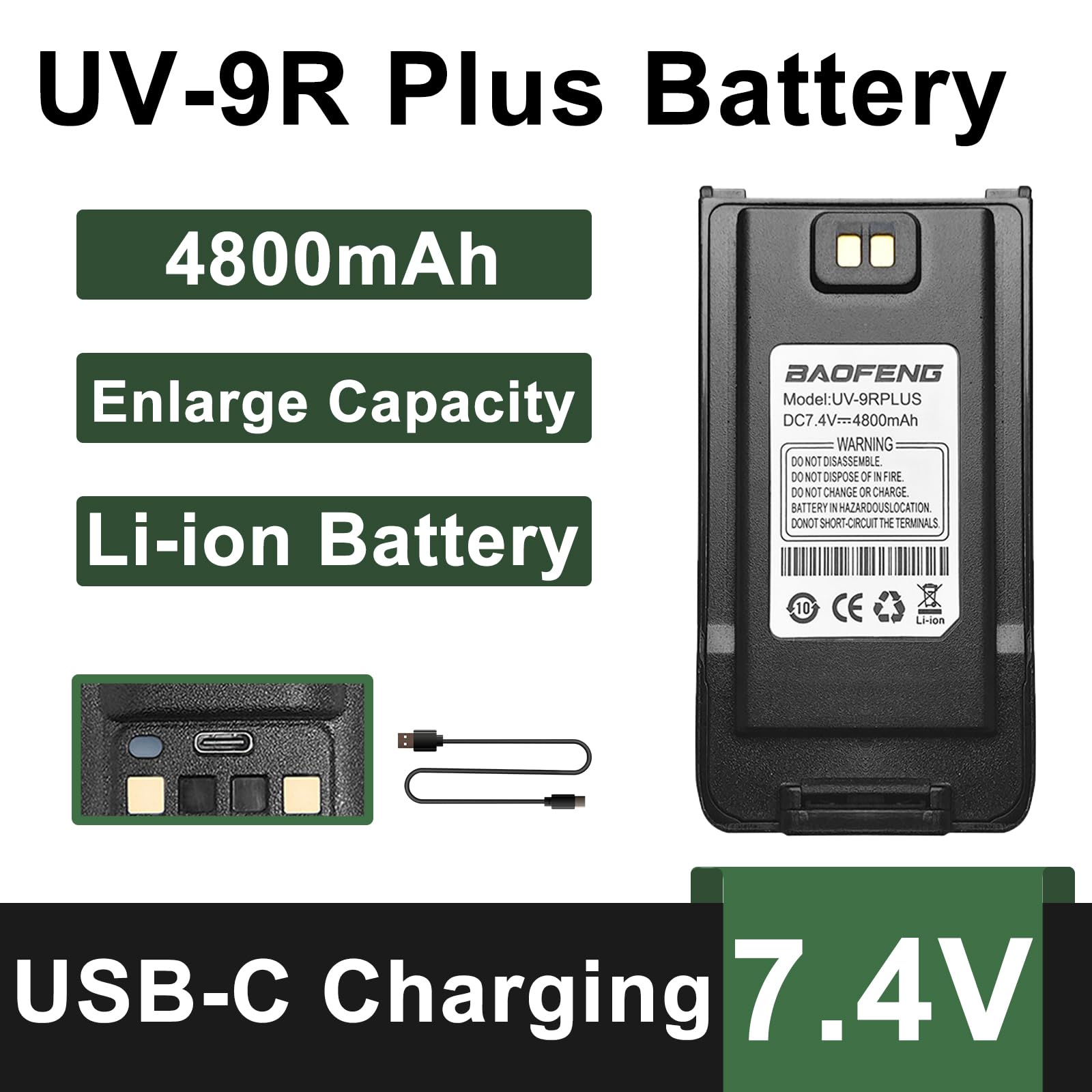 BAOFENG UV-9G Battery USB-C Charger Enlarge 4800mAh Capacity Thicken BL-9 Li-ion Battery for UV-9R Plus GMRS-9R Accessories GMRS-9R Walkie Talkie Battery with Cable