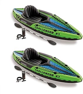 Intex Challenger K1 1 Person Durable Vinyl Streamline Sporty Kayak with Inflatable Seat and Backrest, Oar, Pump, Carrying Bag, and Repair Kit (2 Pack)