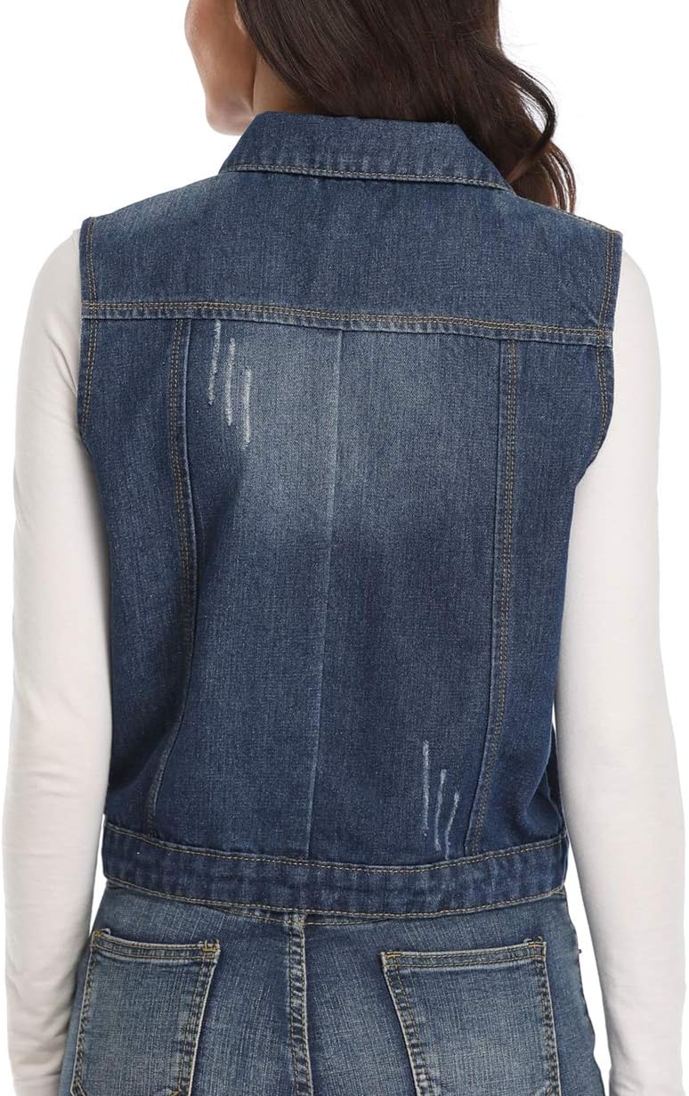 Womens Denim Jean Vest Classic Cropped Distressed Spread Collar Sleeveless Jean Jacket - Image 6