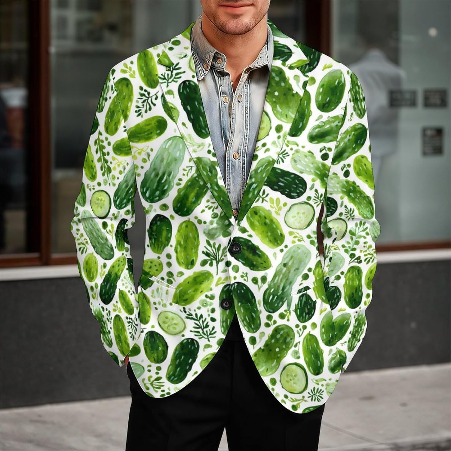 Cucumber Pickles Trendy Men's Two Button Suit Funny Casual Slim Fit Blazer Coat Tuxedos Jackets