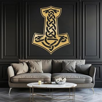 vinwipe Thor Hammer Metal Wall Art, Metal Mjolnir Wall Decor, Viking Wall Art, Norse Wall Hanging, Celtic Wall Sign, North Mythology Wall Art, Nordic Wall Decor Gold, 35"x28"/90x71cm