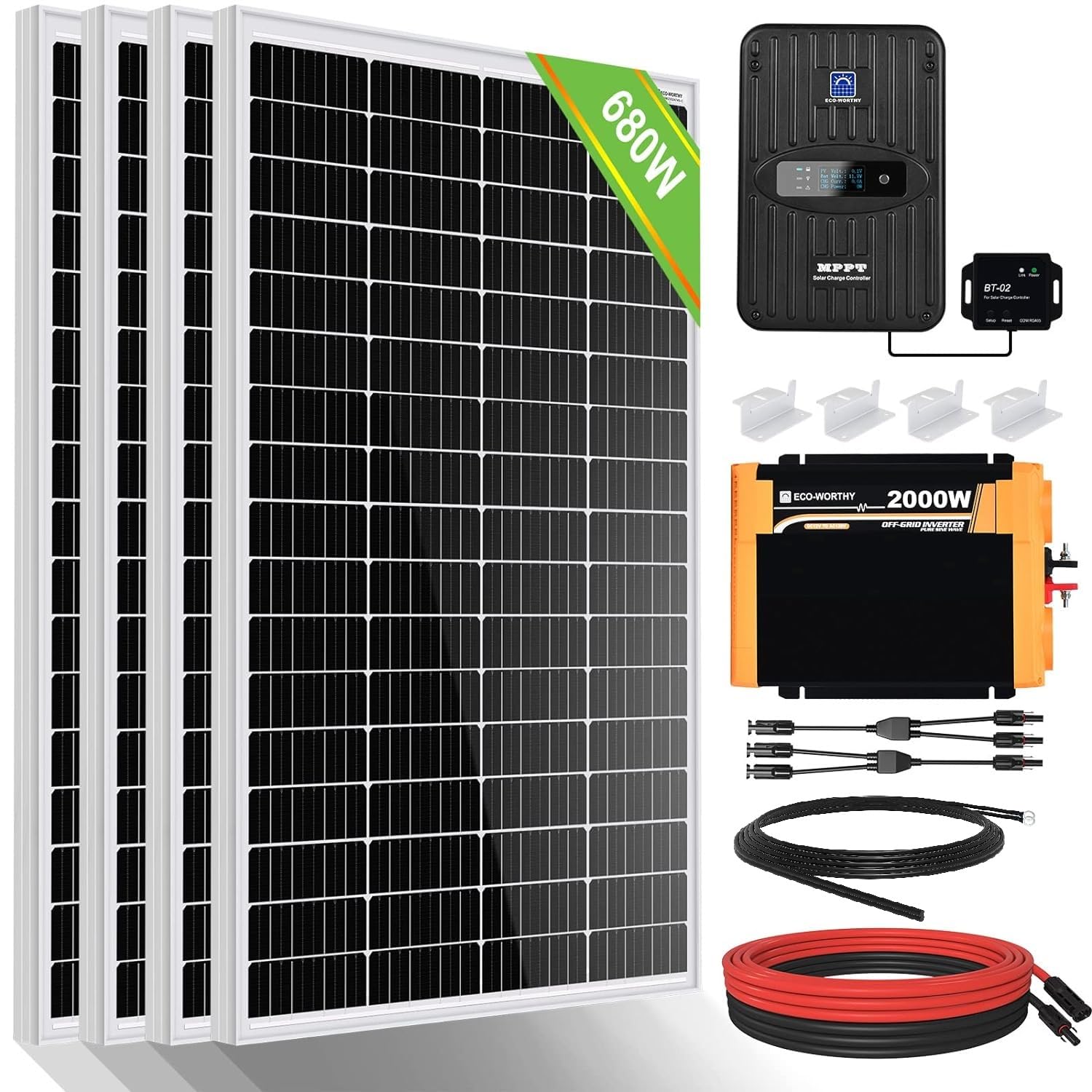 ECO-WORTHY 2.72kW·h 0% MwSt. Solarmodul-System: 680W 12V-Solarpanel Kit mit 4 Stücke 170W Solarmodule und 40A MPPT-Ladegerät sowie 2000W DC 12V AC 230V-Solarwechselrichter