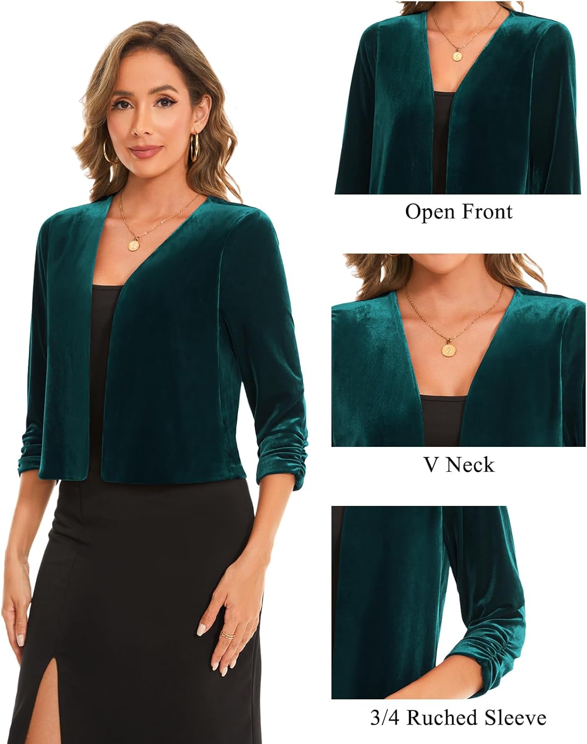 MINTLIMIT Women's Velvet Shrug Cropped Cardigan Ruched 3/4 Sleeve Open Front Cocktail Party Bolero Shrug Top for Dress - Image 6