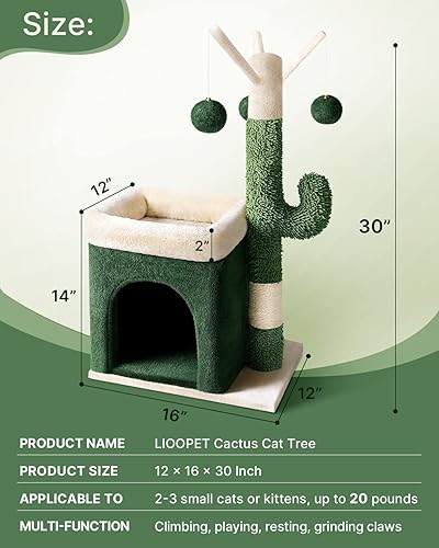 Miniatura 3 de Árbol de cactus para gatos de interior, torre pequeña para gatos de 30 pulgadas con poste rascador verde, condominio acogedor, perchas de felpa y