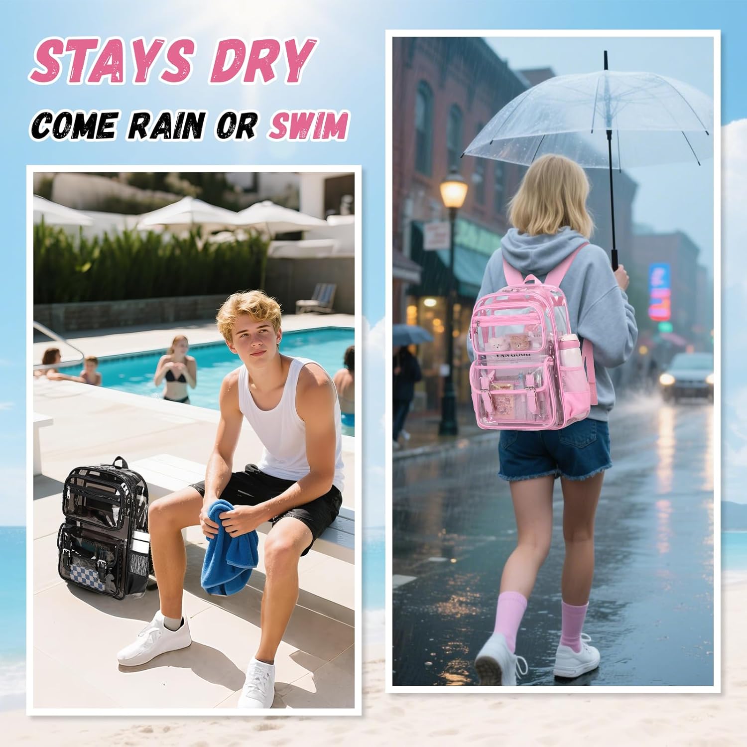 Large Clear Backpack Transparent Heavy Duty School PVC Bookbag See Through Bag Boys and Girls for College Work Travel Security, Pink