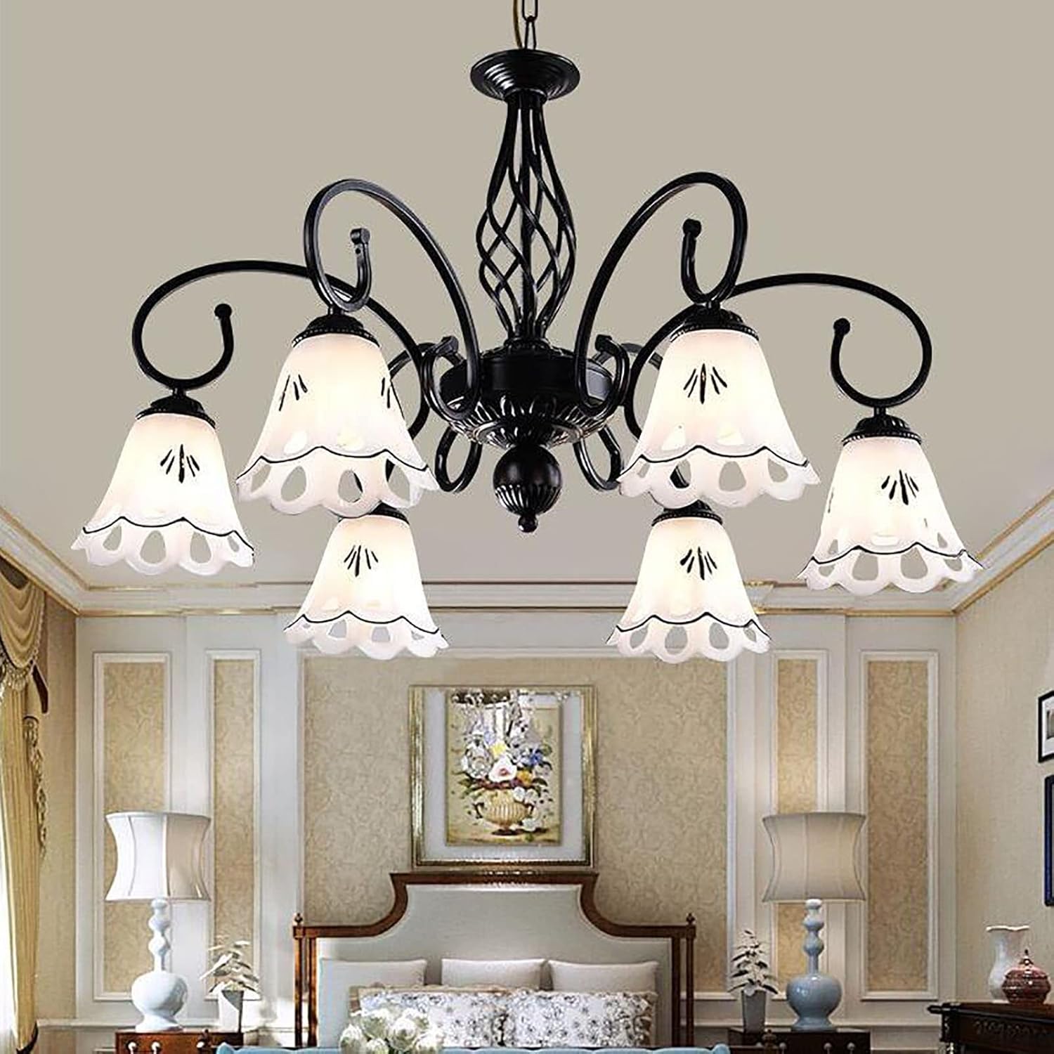 YUEGOO Chandeliers,Pastoral Style Chandelier Creative Iron Light Flower-Shaped Glass Lampshade Ceiling Lamps for Living Room Bedroom Dining Room Art Lamps Lighting/Black/75 * 44Cm