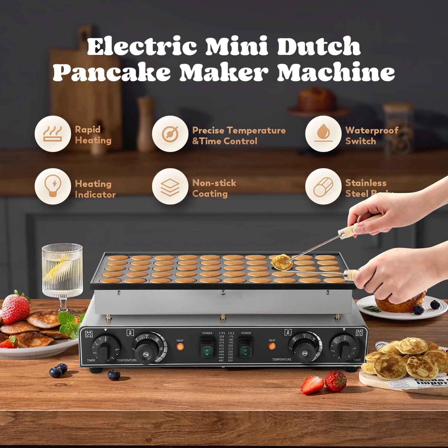 Mini máquina holandesa para hacer panqueques, 50 unidades, máquina antiadherente comercial para panqueques, temperatura de 122.0-572.0 °F y control de tiempo de 0 a 5 años, fabricante 3