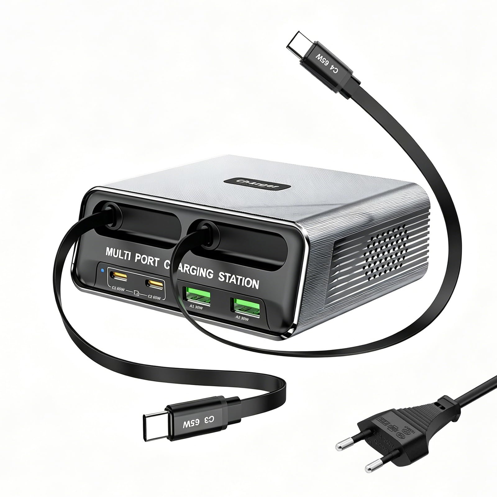 6 in 1 GaN Ladestation Mehrere Geräte, 65W USB C Schnellladegerät mit 2 Einziehbaren Kabeln, Klein Ladestation Kompatibel für MacBook/iPad/Phone 17/16/Samsung/, Silent Design mit rutschfest