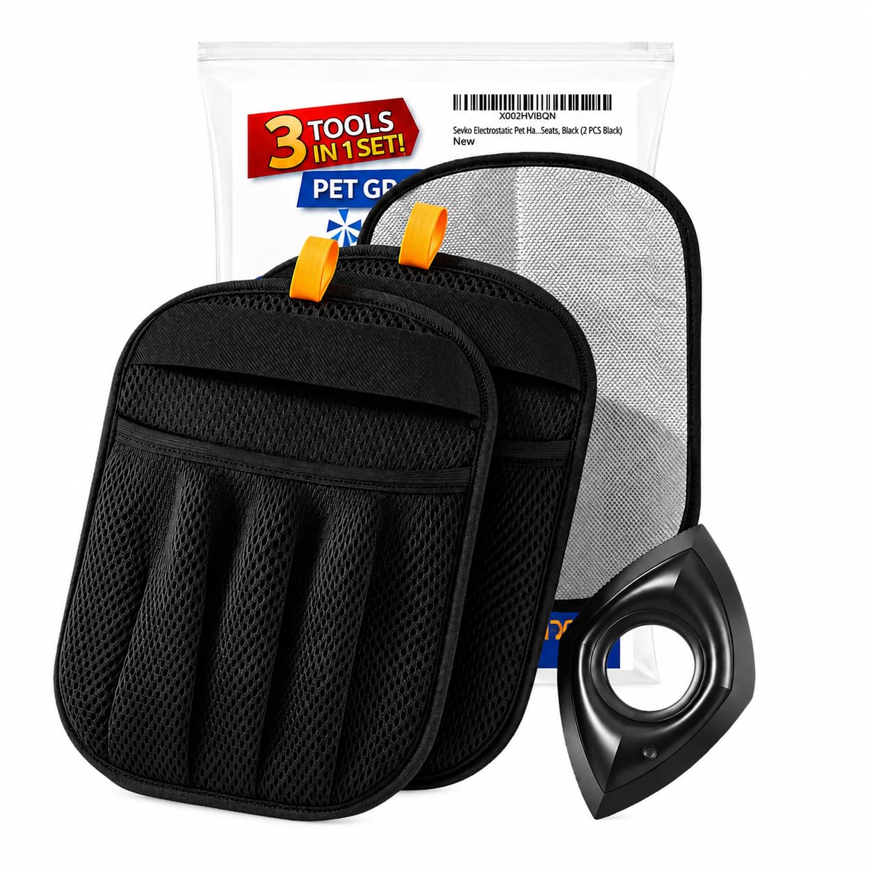 Sevko Pet Hair Removal Glove with Mini Brush, Reusable Electrostatic Tool for Dog & Cat Fur on Clothes, Sofa, Carpet and Car Seats, Black (2 PCS Black)