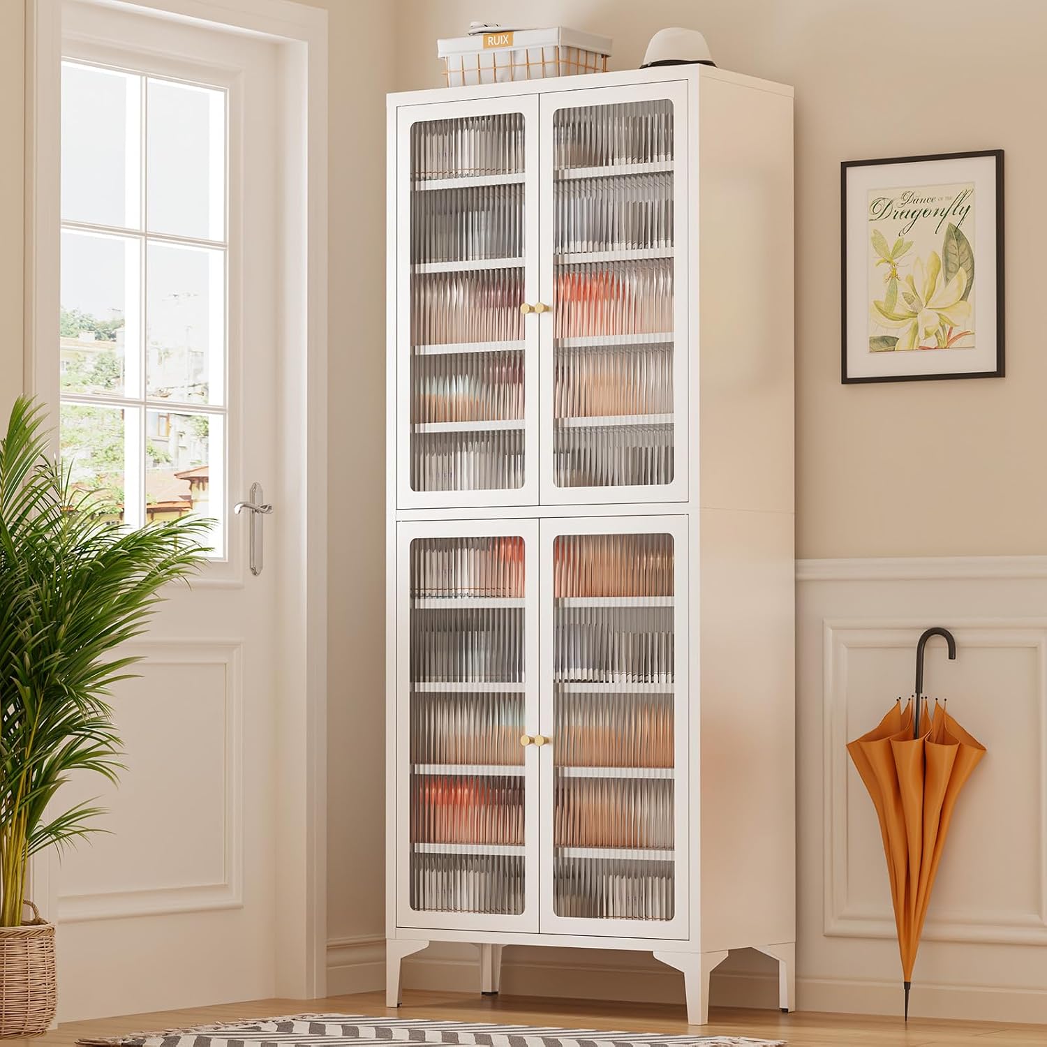 71-Inch Tall Shoe Cabinet with 4 Doors, 10-Tier Large Shoe Cabinet with Adjustable Shelves, 30-40 Pairs Metal Shoe Organizer Rack for Entryway Hallway Living Room, White Style 3