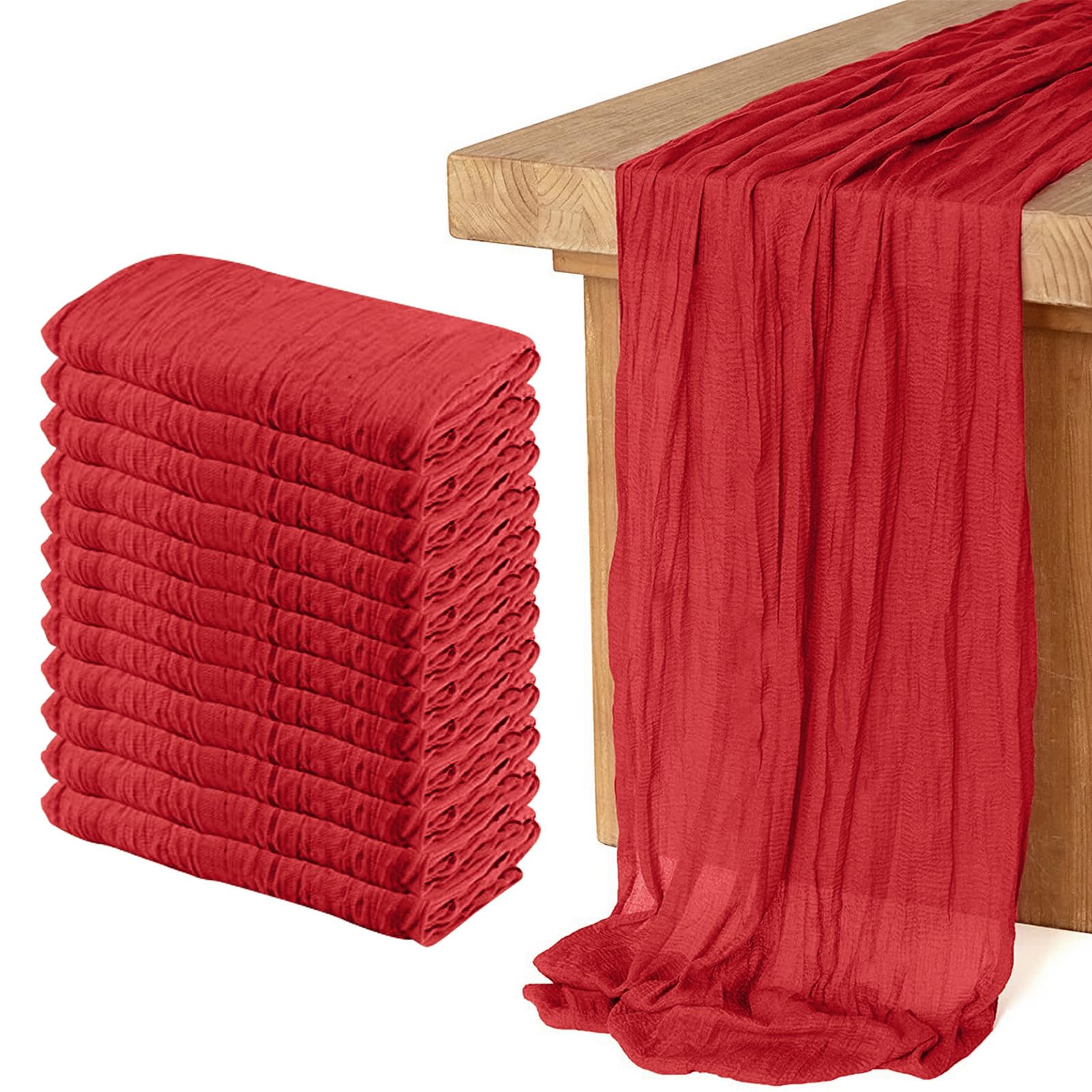 Photo 1 of 12 Pack Cheesecloth Table Runner 10Ft Christmas Gauze Boho Table Runners for Wedding Decor Bridal Shower Decorations Baby Shower Party(35" x 120")(Red)