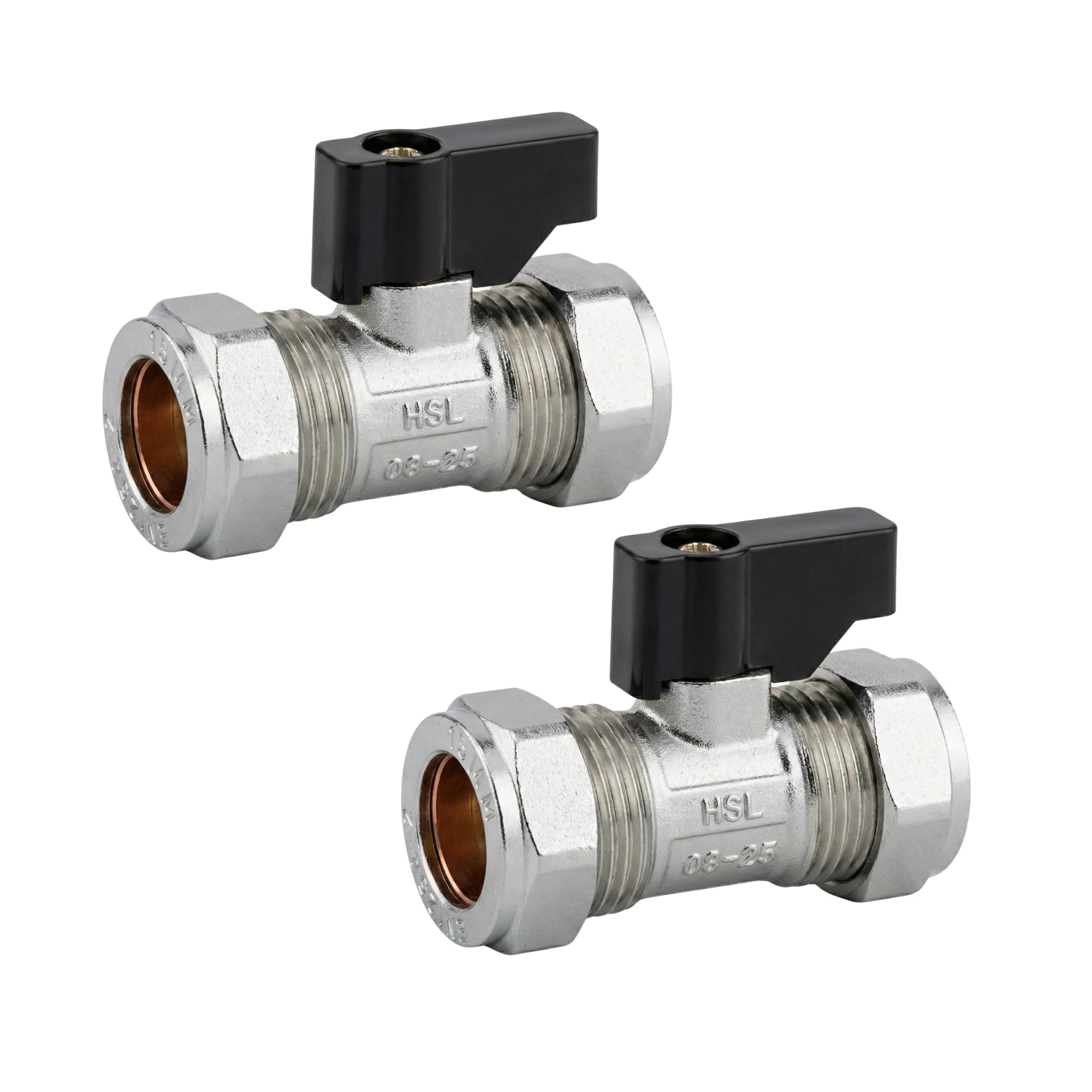 Hulthor Chrome 15Mm Isolation Valve 2 Pack, Plated Brass Service Valve With Black Lever Handle, Quarter Turn Shut Off Valve For 15Mm Copper Pipe, Tool-Free Water Isolation