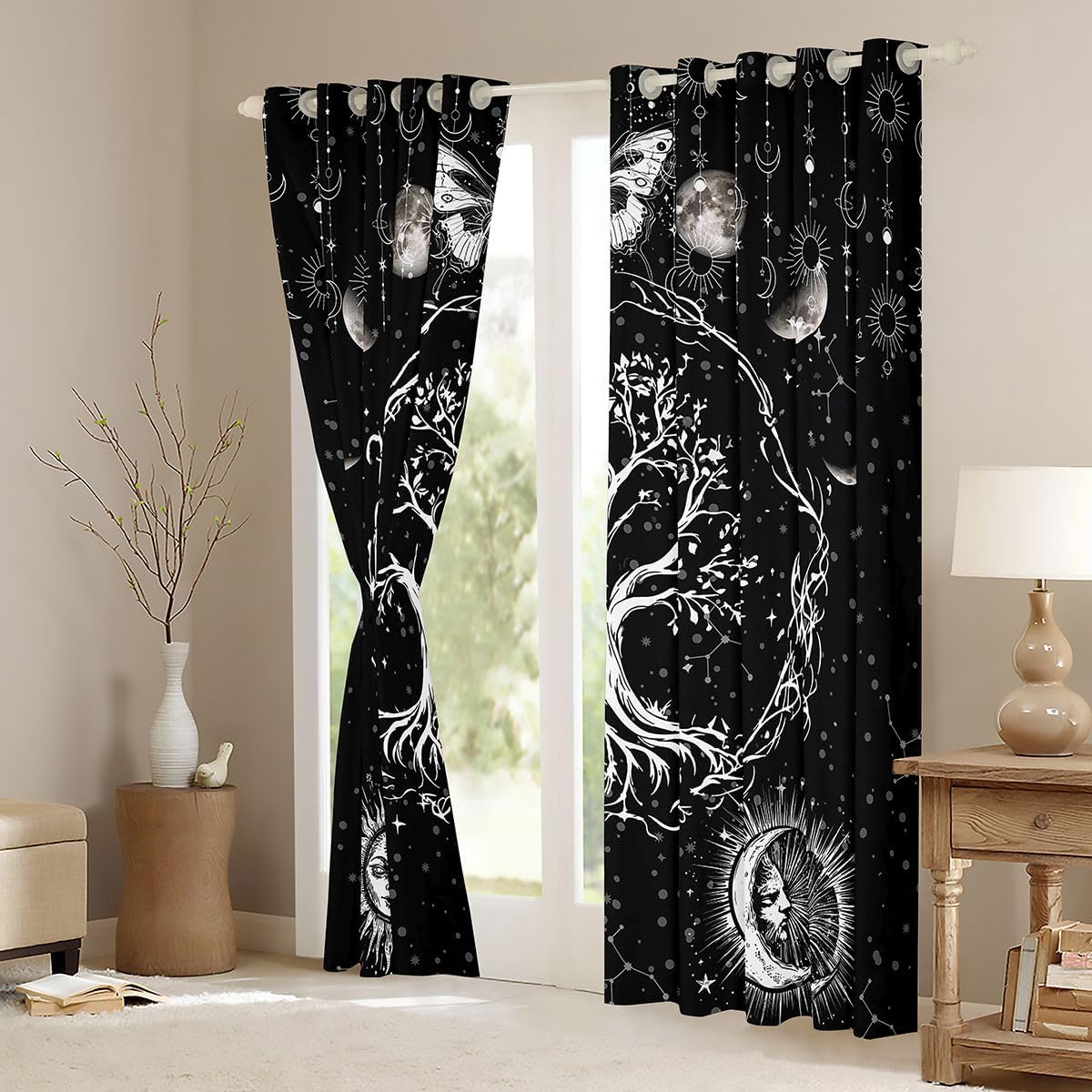 Sun and Moon Blackout Curtains() Bohemian Tree Butterfly Curtain Psychedelic Hippie Darkening Window Dreapes for Bedroom Decor Galaxy Astrology Window Treatments (2 Panels， 52 x 63 Inch)