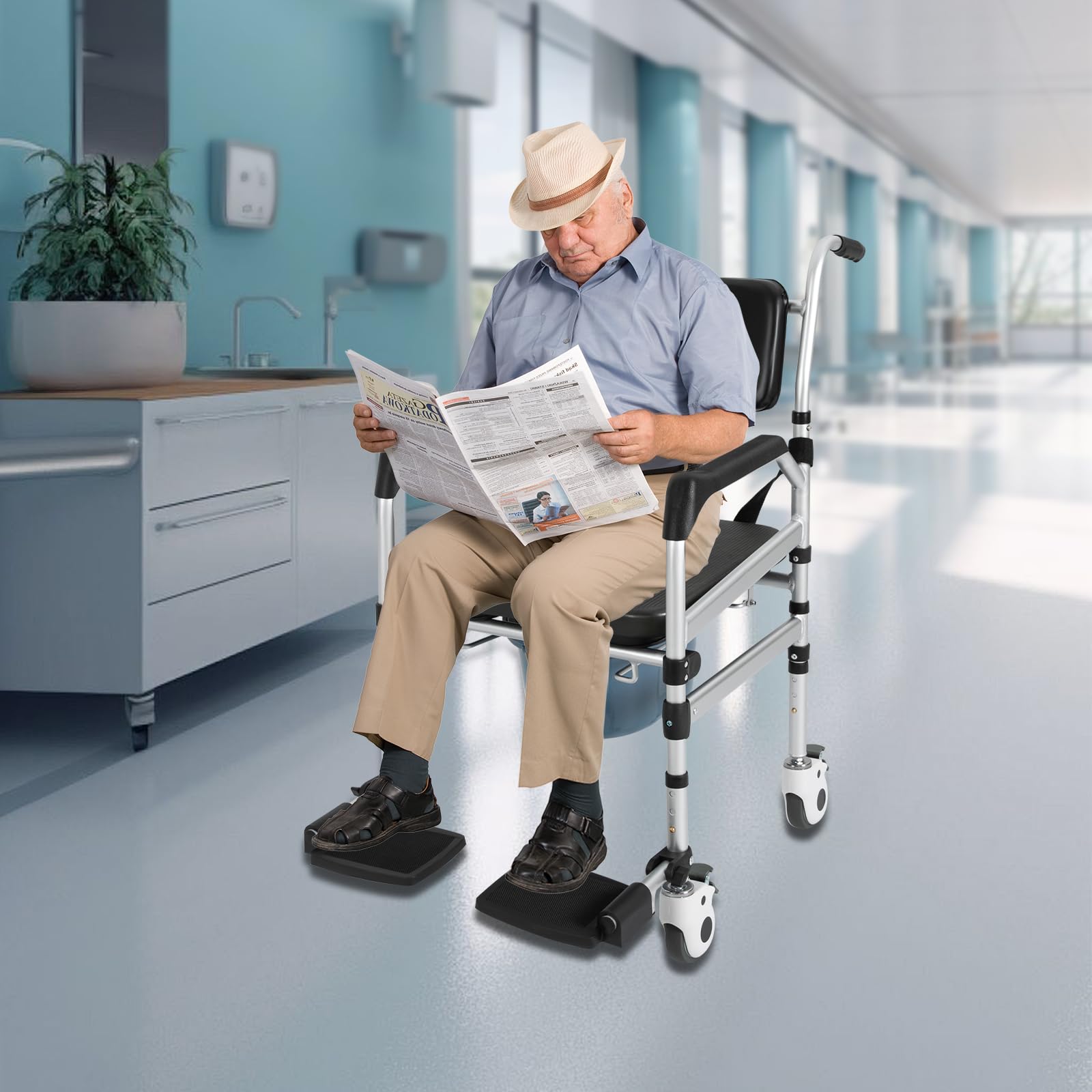 Sedia da doccia WC con ruote, regolabile, pieghevole, con secchio rimovibile, ruote per anziani e disabili