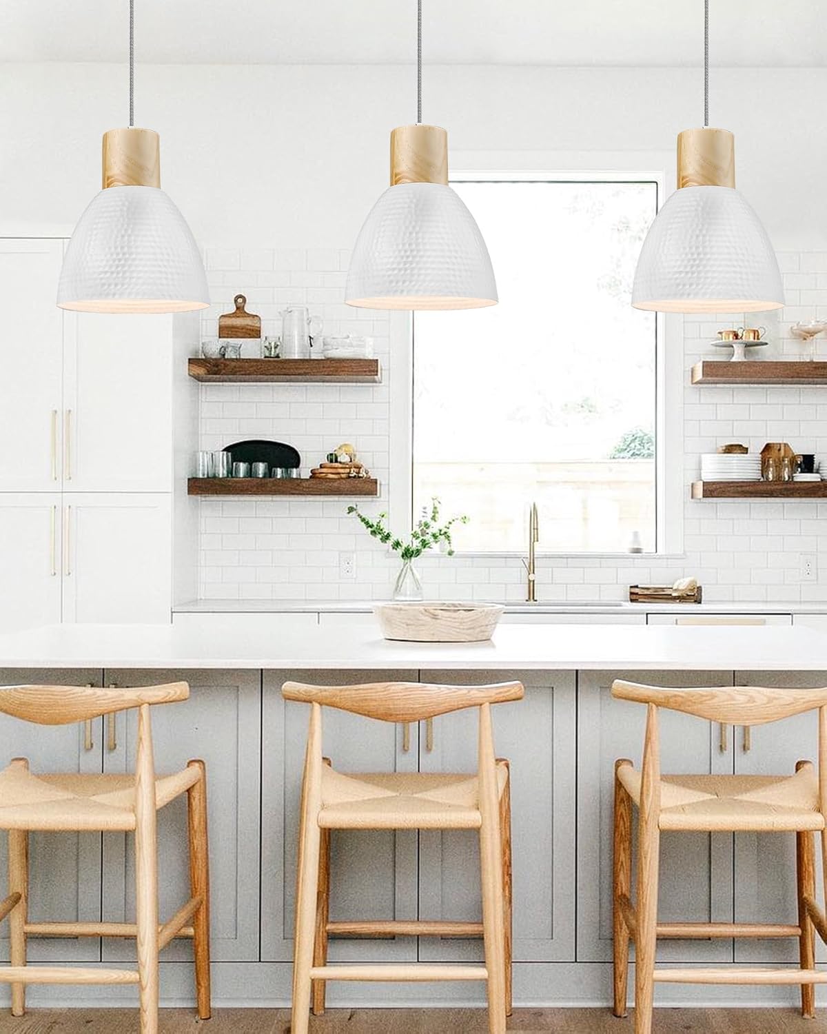 ELYONA Modern Solid Wood Hanging Lamp with Matte White Metal Shade/Gold Inner Finish & Hammered Metal & Rubber Wood Island Hanging Lamp for Dining Room, Bedroom, Living Room, Hallway