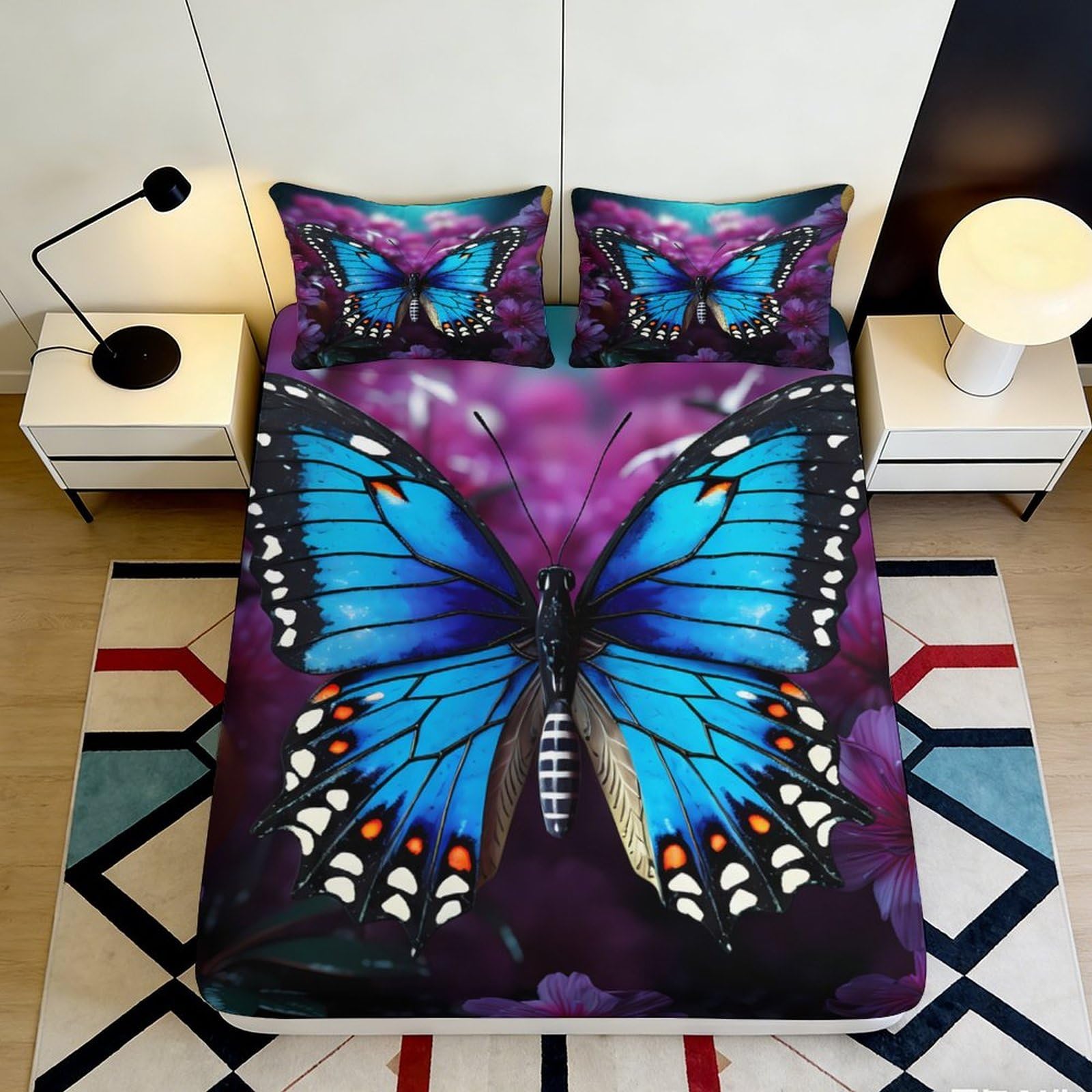 Zfldkwgb Style-4 3D Printed Blue Butterfly Fitted Sheet Microfiber Soft Non-Slip Purple Artistic Bed Cover For Bedroom Guest Room Decor 90X200x25cm