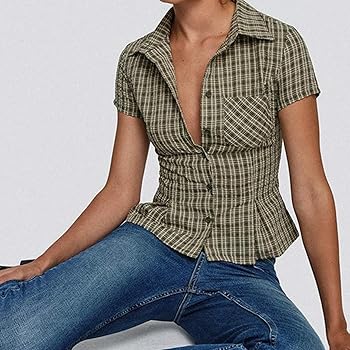 Women Gingham Y2K Button Down Shirt, Short Sleeve V-Neck