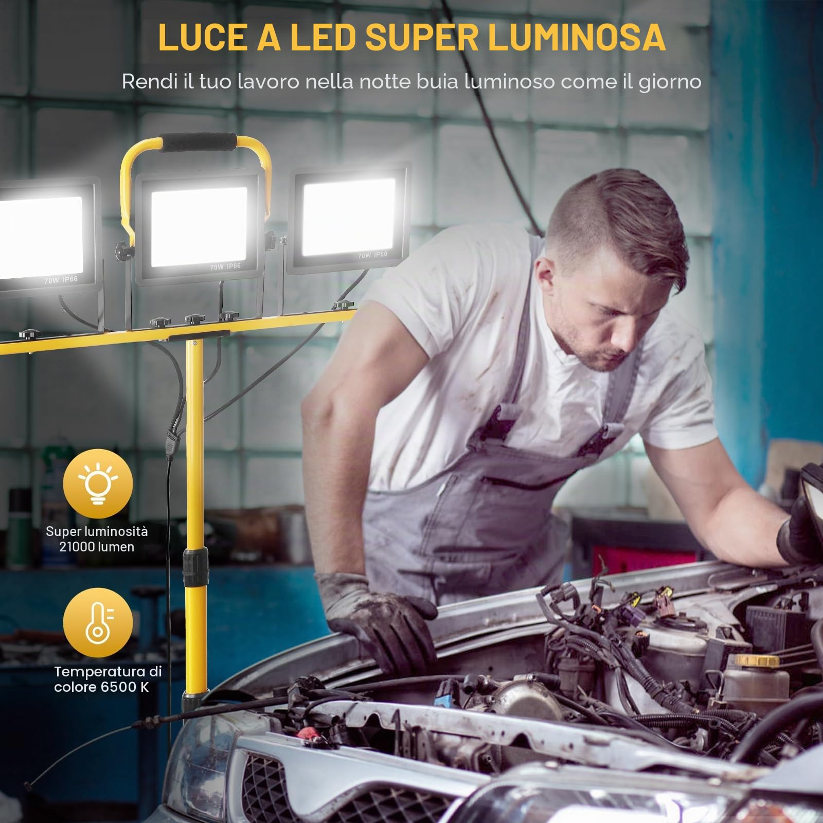 Yofuly 3 × 70W Faretto LED da Cantiere, 21,000 Lumen Lampada da Lavoro Faro IP66 con Impermeabilecon 3 Teste e Altezza Regolabile Treppiede Proiettore LED per Cantiere, Riparazione, Campeggio