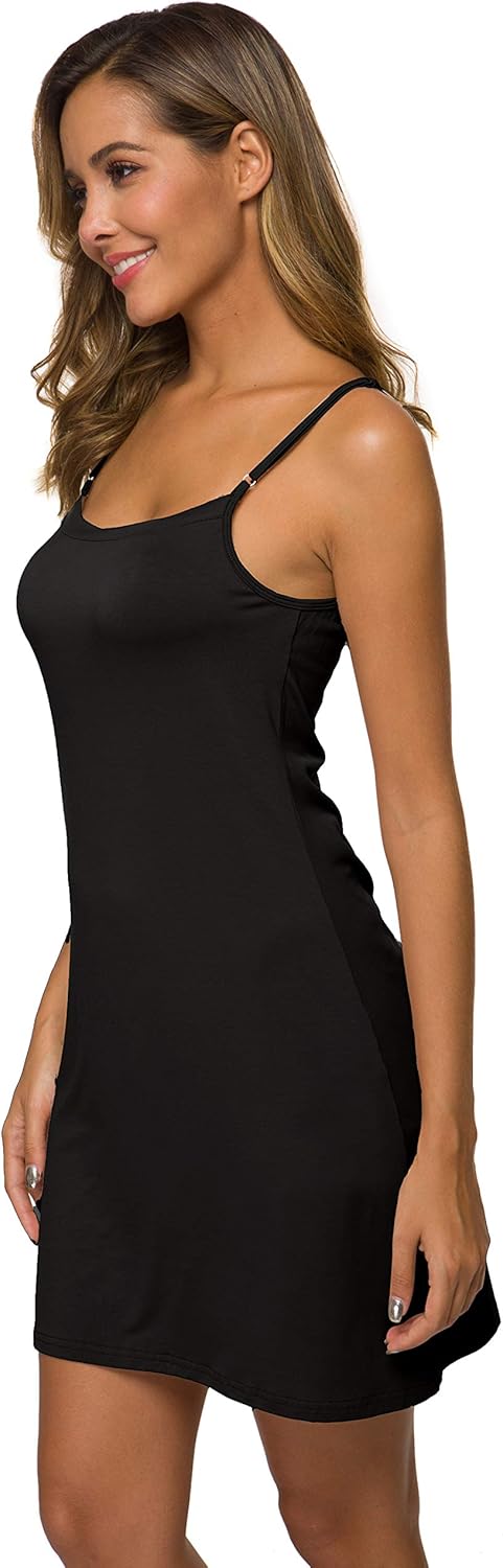 AUHEGN Women's Basic Adjustable Spaghetti Strap Cami Slip Mini Dress - Image 3