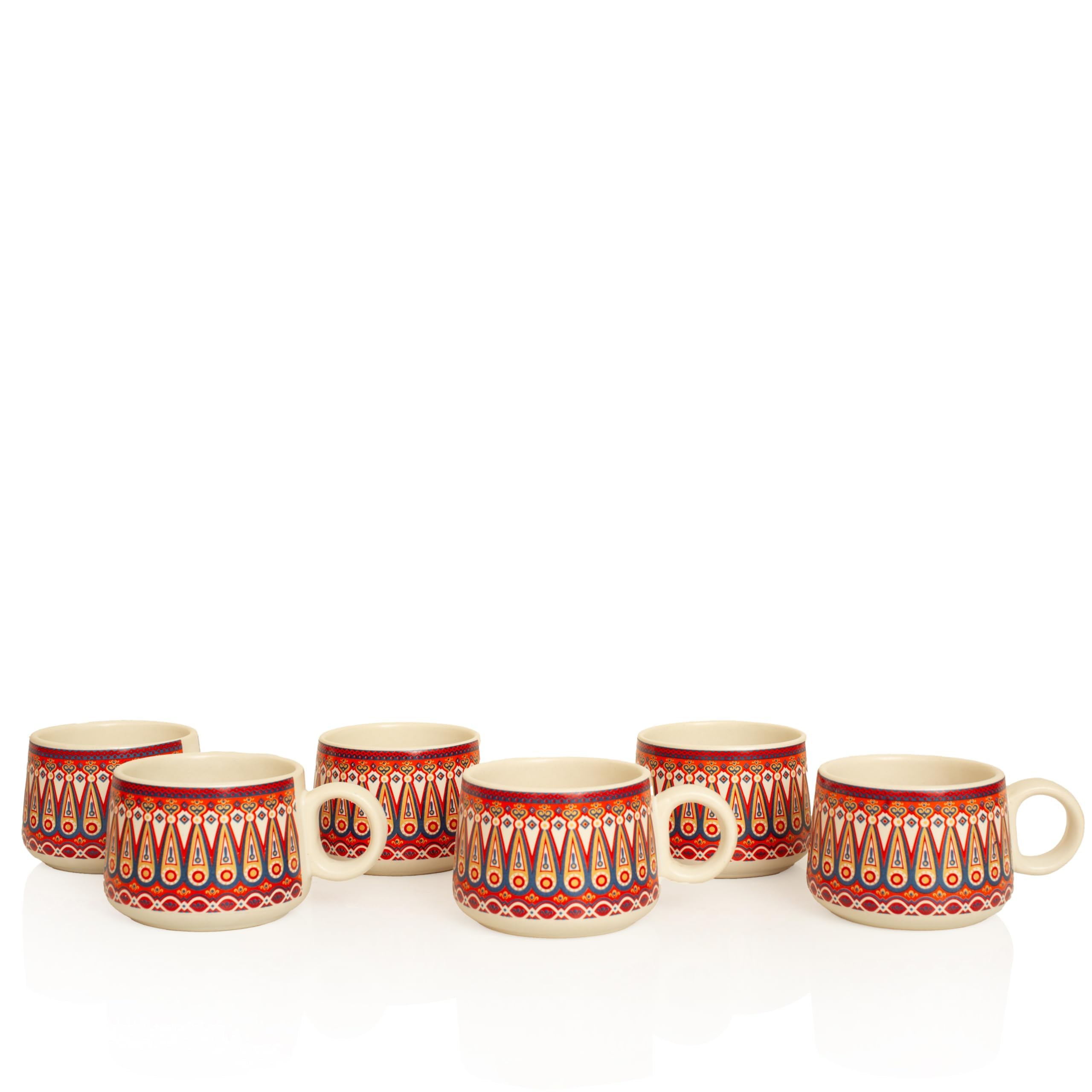 Handcrafted Set of 6 Ceramic Tea Cups 150 ML Elegant Porcelain Breakfast Coffee Mugs Boho Style For Cortado Cappuccino Espresso Kulhad Chai Microwave & Dishwasher Red Food Safe For Home Office Kitchen