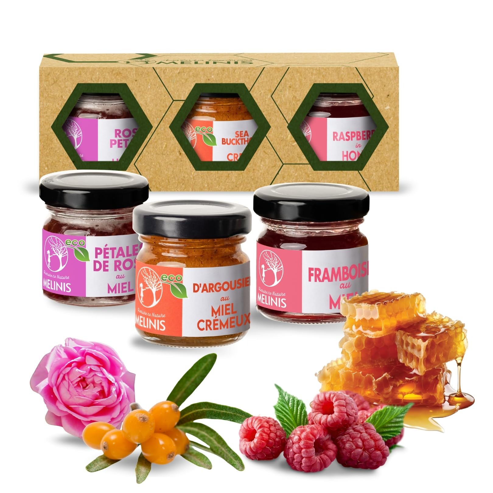 Coffret 3 × 40 g Crèmes de Miel Bio – Acacia à l’Argousier, à la Framboise et à la Rose – Sans Sucre Ajouté – Pour Petit-Déjeuner, Desserts ou Cadeau – Melinis