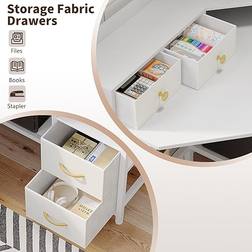 Miniatura 7 de Escritorio esquinero con 6 cajones y estantes para computadora de espacio pequeño con tomas de corriente, escritorio de juegos con soporte de Blanco