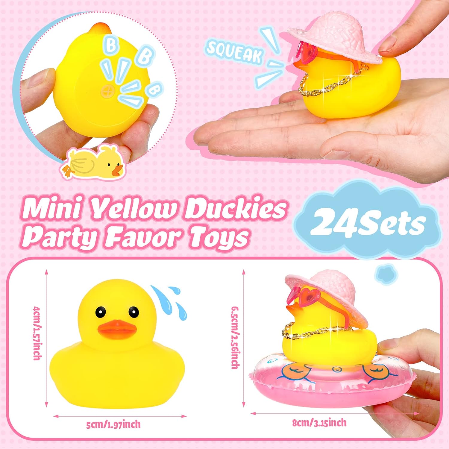 Sotiff 24 Sets Mini Rubber Ducks Bulk for Kids Children Cute Yellow Duck Toy Dashboard of Car Ornaments with Sunglasses Swim Ring Mini Hat Necklace Gift for Summer Birthday Party Favor (Sweet) image 3