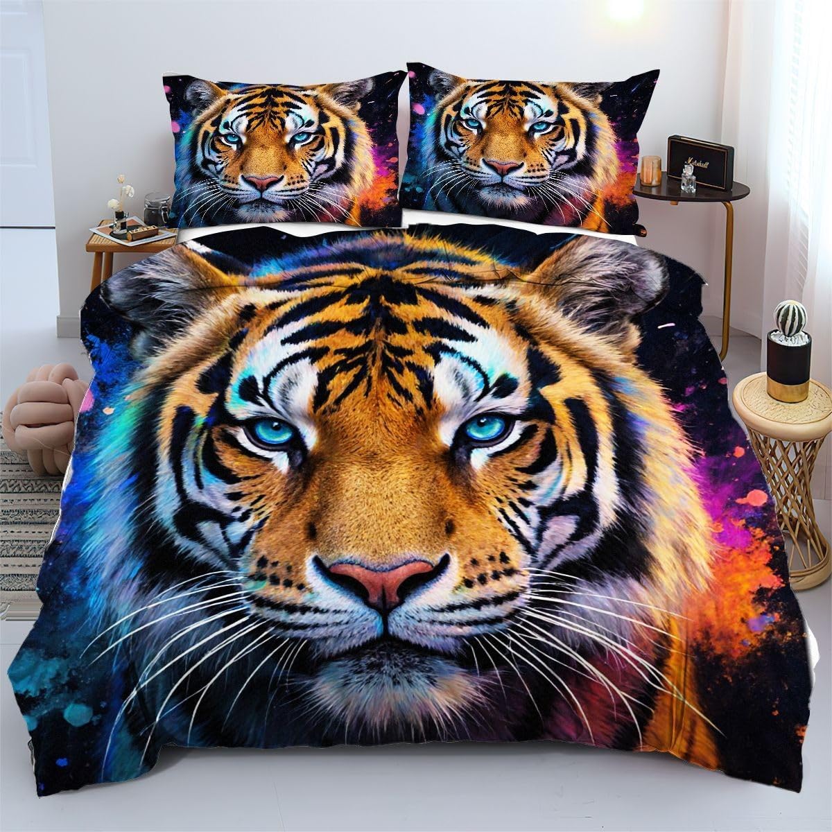 Housse de couette 90x190 tigre coloré en microfibre pour lit enfant