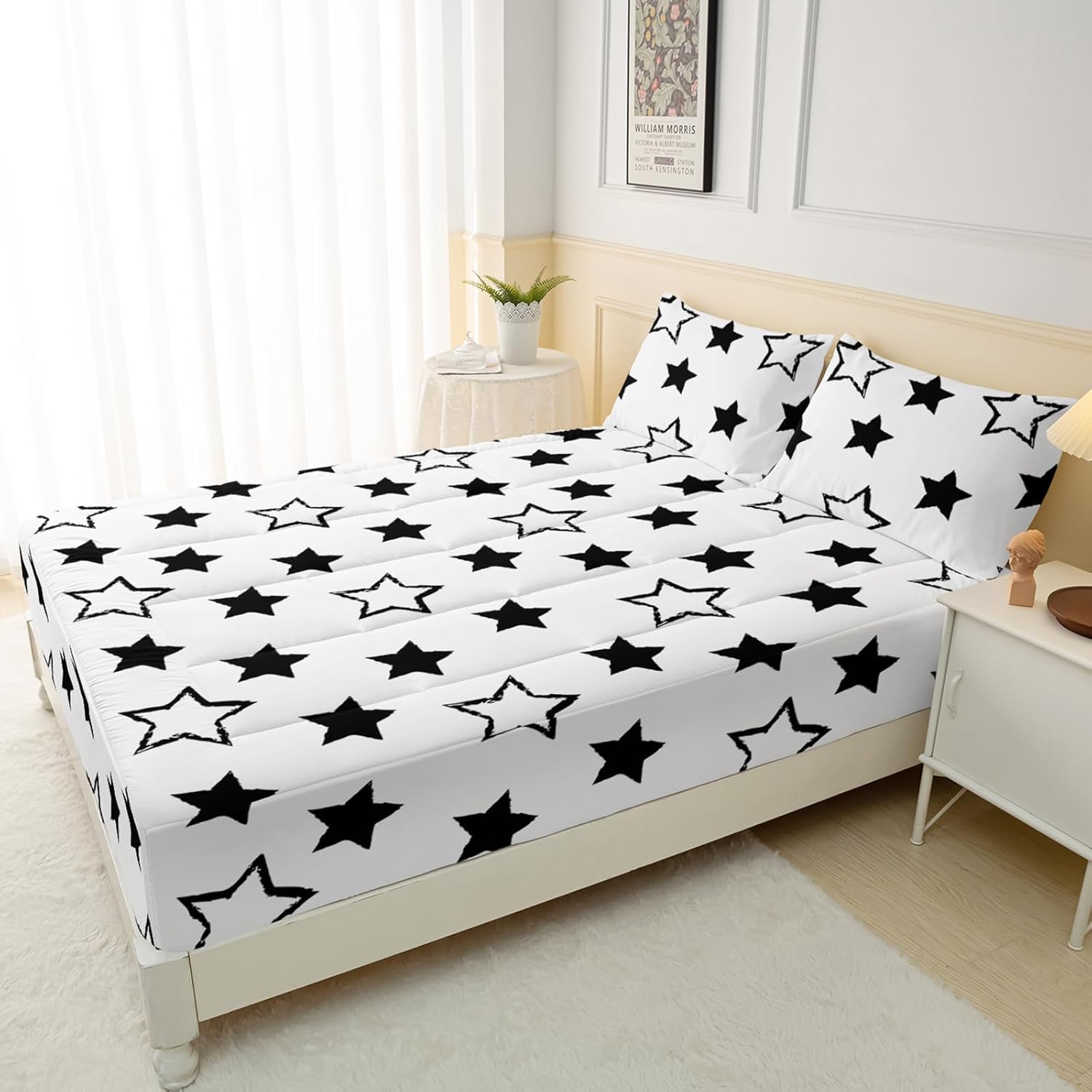 Axolotl Black and White Stars King Mattress Pad,Top Mattress Cover Quilted Fitted Mattress Protector 16" Deep Pocket Mattress Pad for Kids Girls Boys Teens,1 Mattress Pad 2 Pillowcasess,78X80 Inches