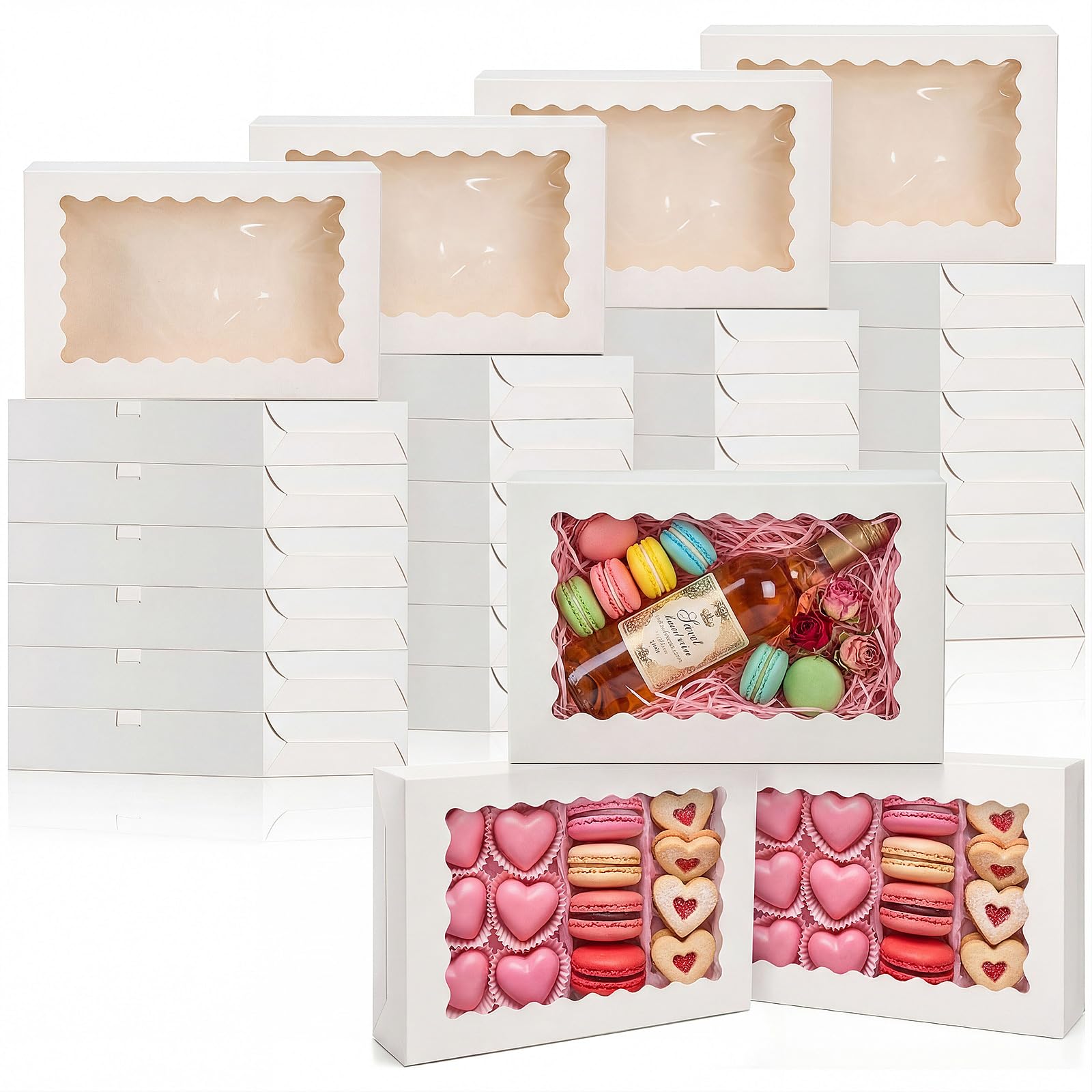 100 PCS Bakery Boxes - 14" x 10" x 2.5" Large White Paper Boxes with Window for Cookie Cupcakes, Donuts, Pies, Muffins, Chocolate, Treats