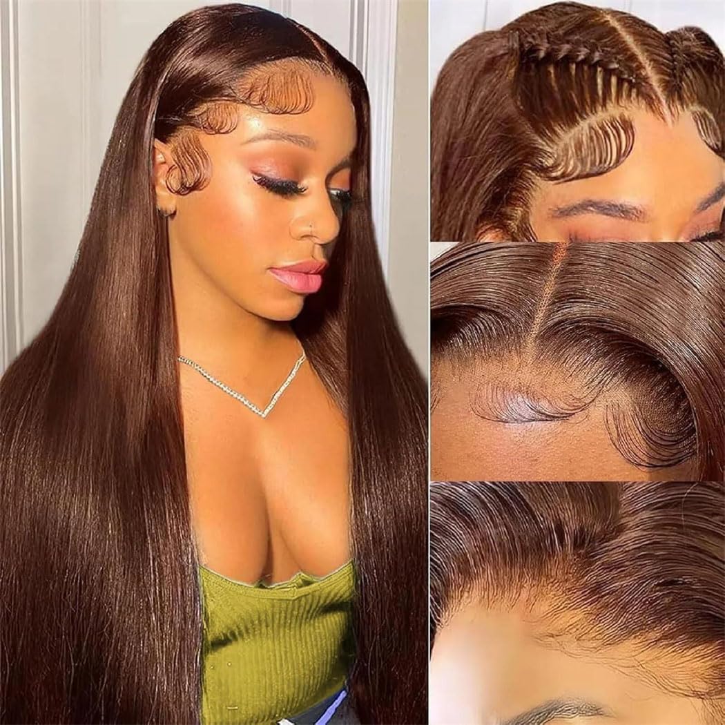 Womens Chocolate Brown Straight Lace Front Human Hair Wig 46 Inch HD Lace Pre Plucked Natural Hairline wigs