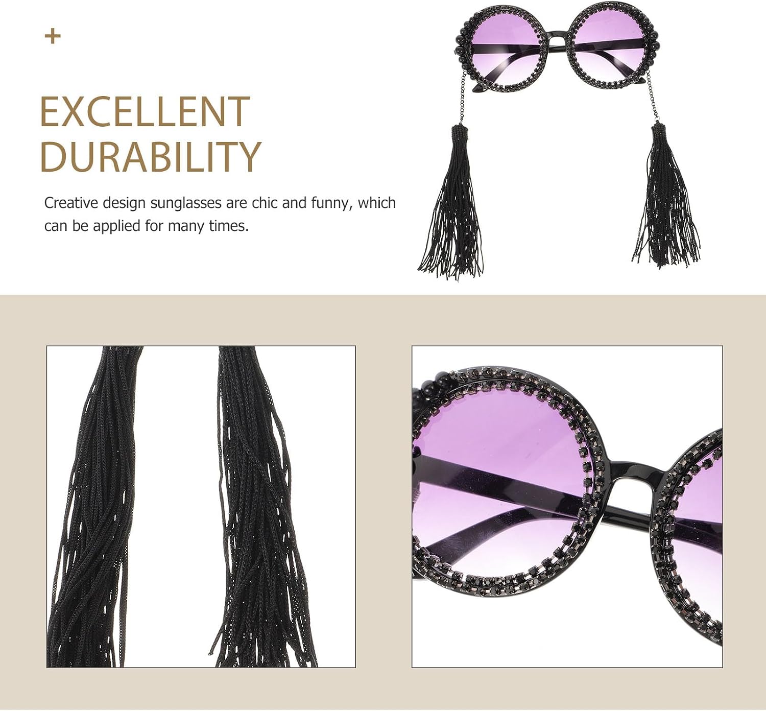 Vintage round Tassel Pearl Rhinestone Sunglasses Women Retro Black Frame Party Photo Prop Eyewear