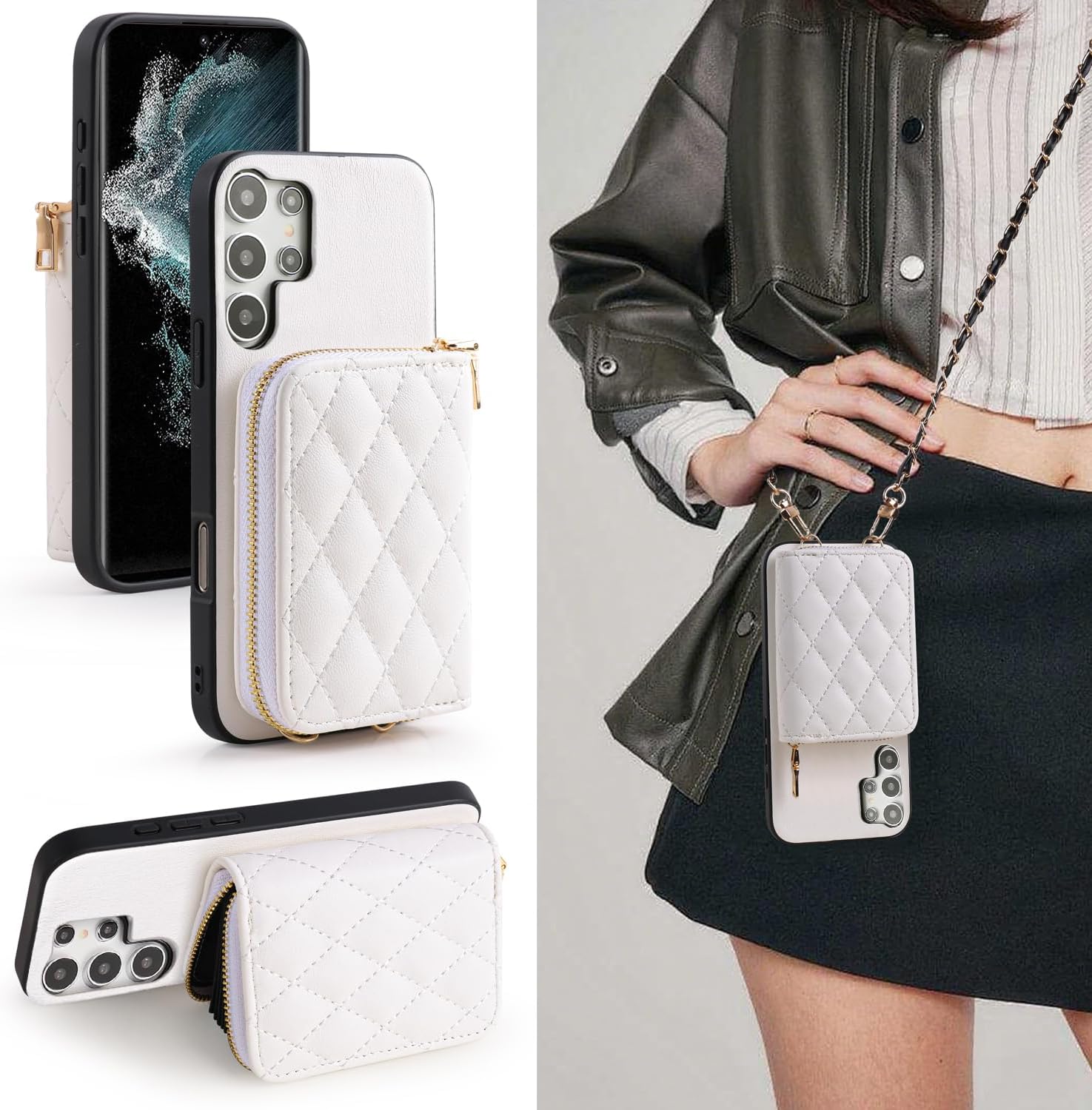 Argyle Wallet Cover for Samsung Galaxy S25 Ultra 5G & Screen Protector Shoulder Strap, Luxury PU Leather Zipper Organ Card Holder Stand Phone Case for S25Ultra 25S S 25 25Ultra 6.9 2025 White