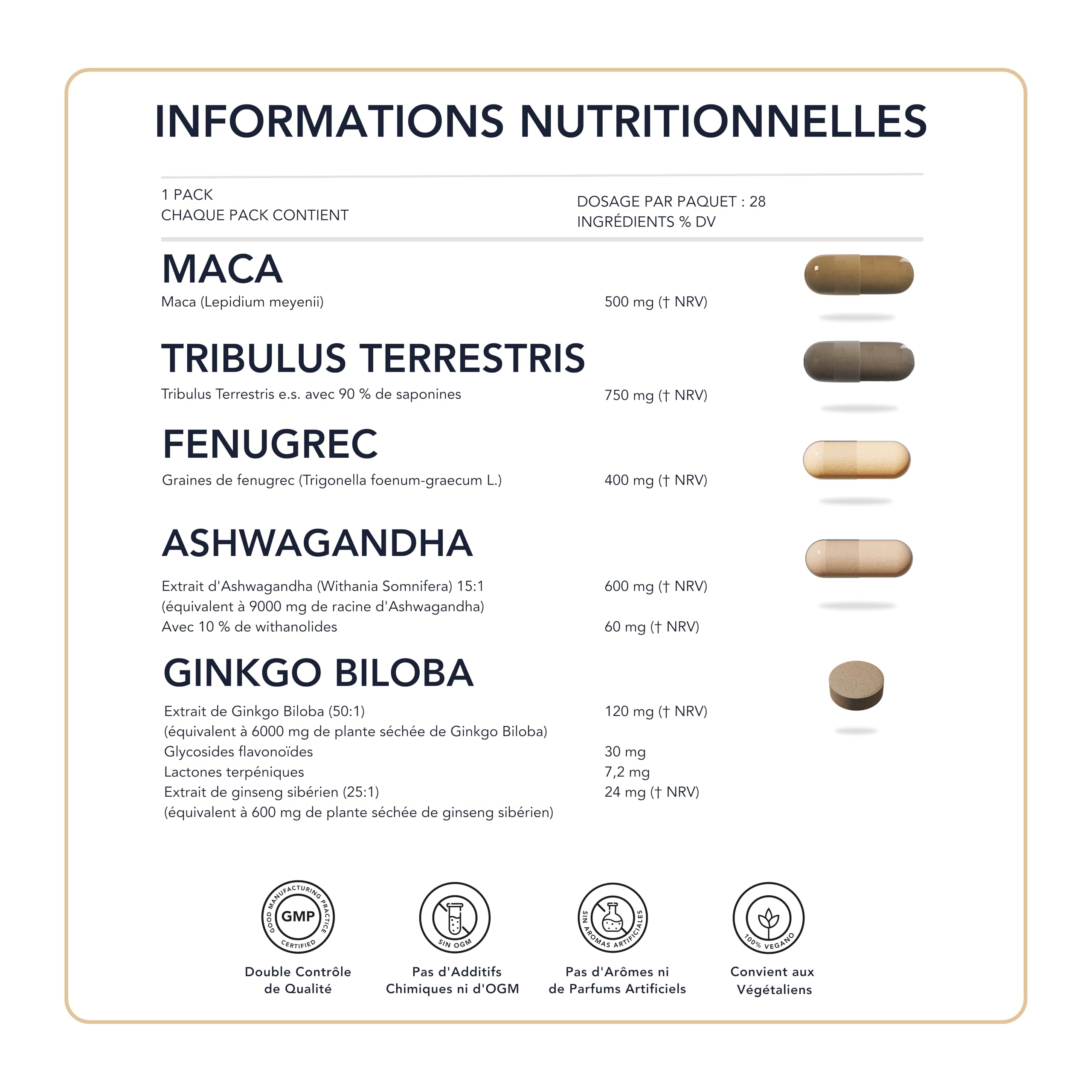 Maca Anadina, Tribulus, Fenogreco, Ashwagandha, Ginkgo Biloba - SmartAbsorb™ | pour l’énergie, l’équilibre hormonal et la fonction cérébrale | 28 sachets quotidiens