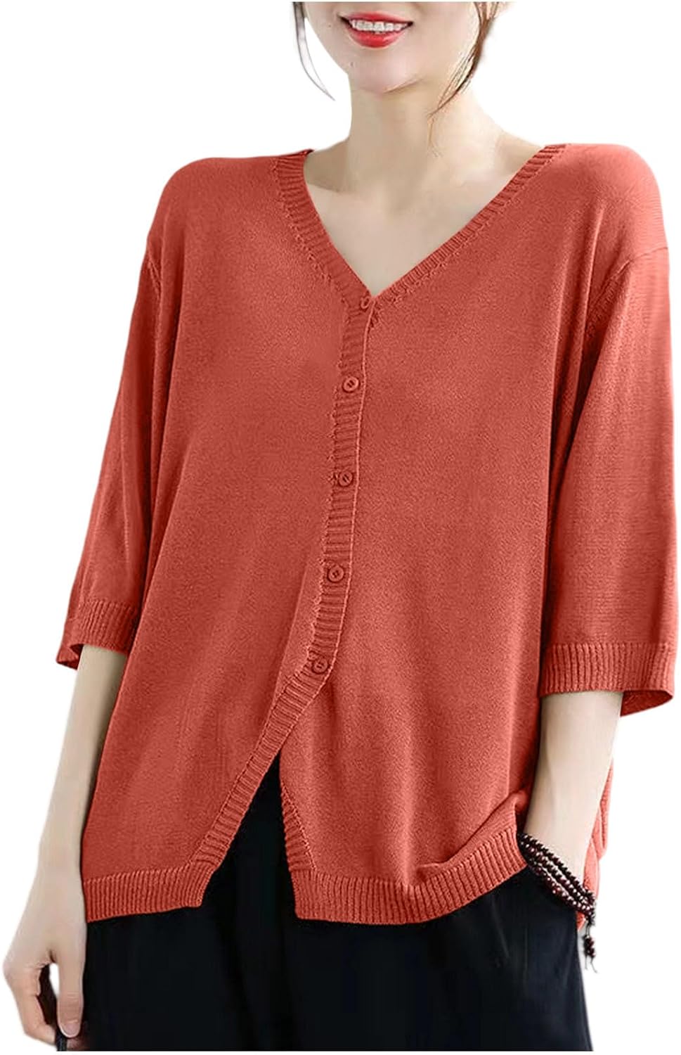 Oplxuo Women's Light Knit Cardigan Sweater V Neck 3/4 Sleeve Button Front Loose Oversized Top Casual Fall Daily Cover Up