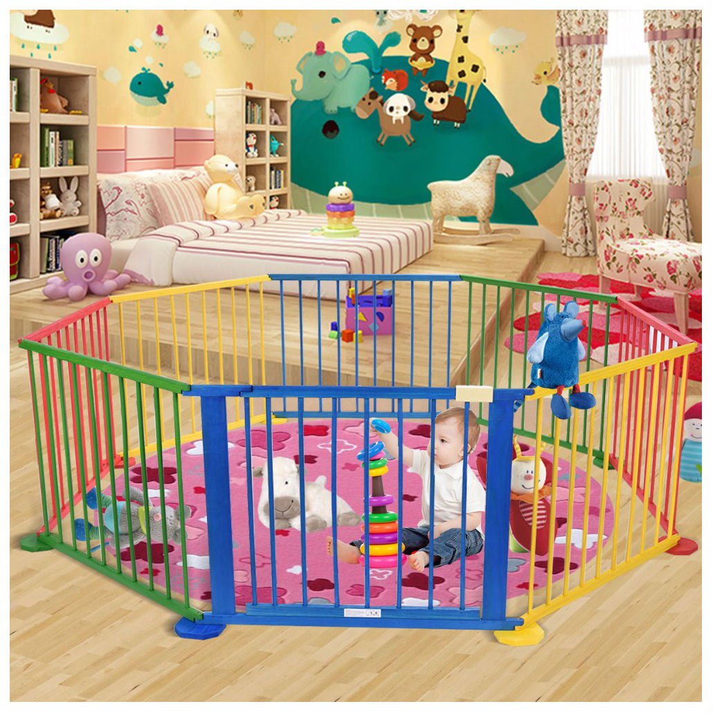 Baby Playpen 8 Panel Colors Wooden Frame Children Playard
