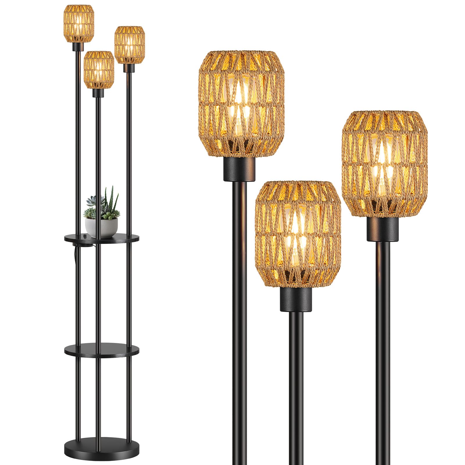 Lámpara de pie para sala de estar, lámpara de pie vintage de 3 luces con estante y pantalla de ratán, bombilla incluida, lámpara de pie bohemia con interruptor de perilla para dormitorio