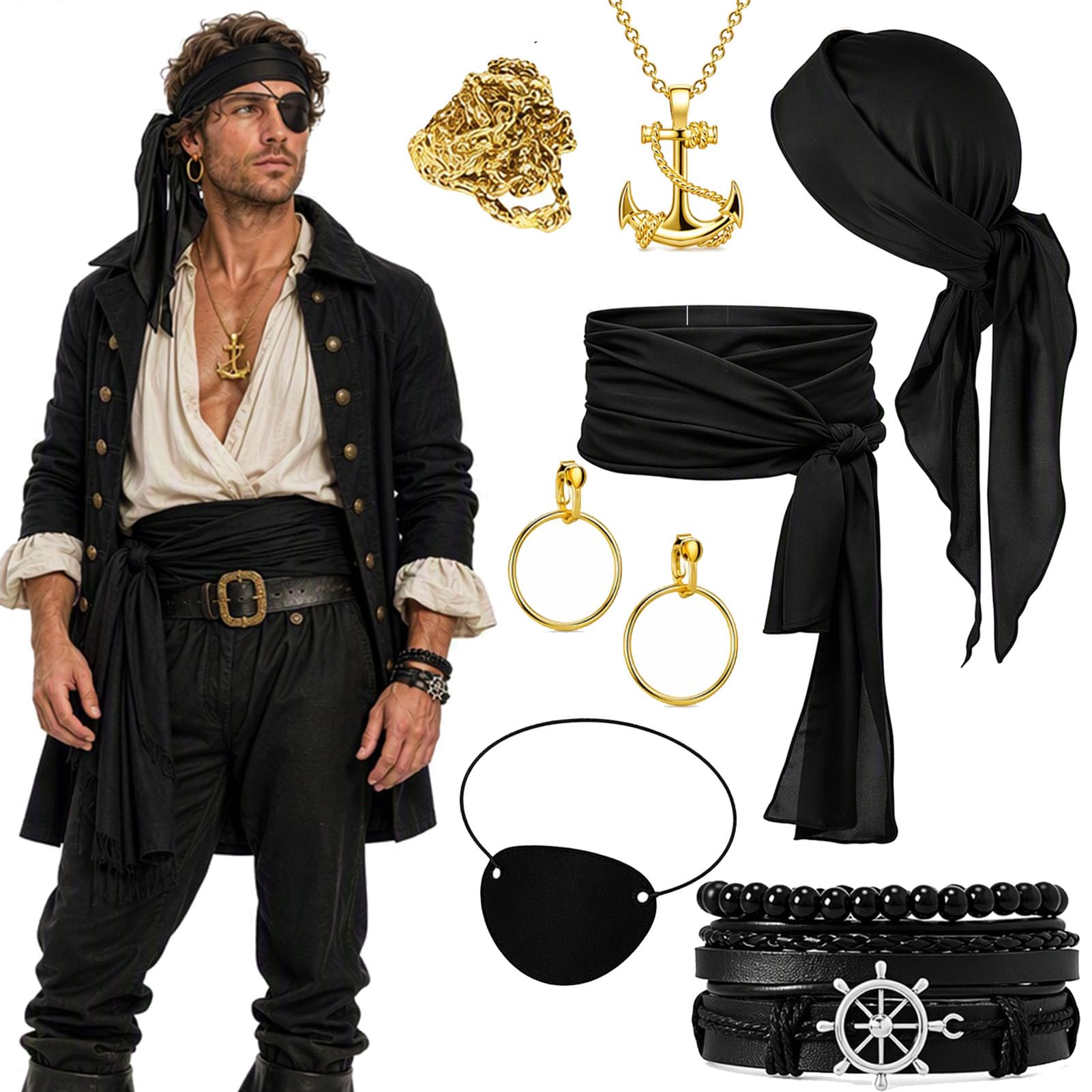 JRZYTX 8PCS Pirate Costume Accessories Set Medieval Pirate Fancy Dress with Headscarf Eye Patch Earrings Ring Necklace Bracelet Waist Belt, Women Men Halloween Cosplay Costume (Black) — image 1