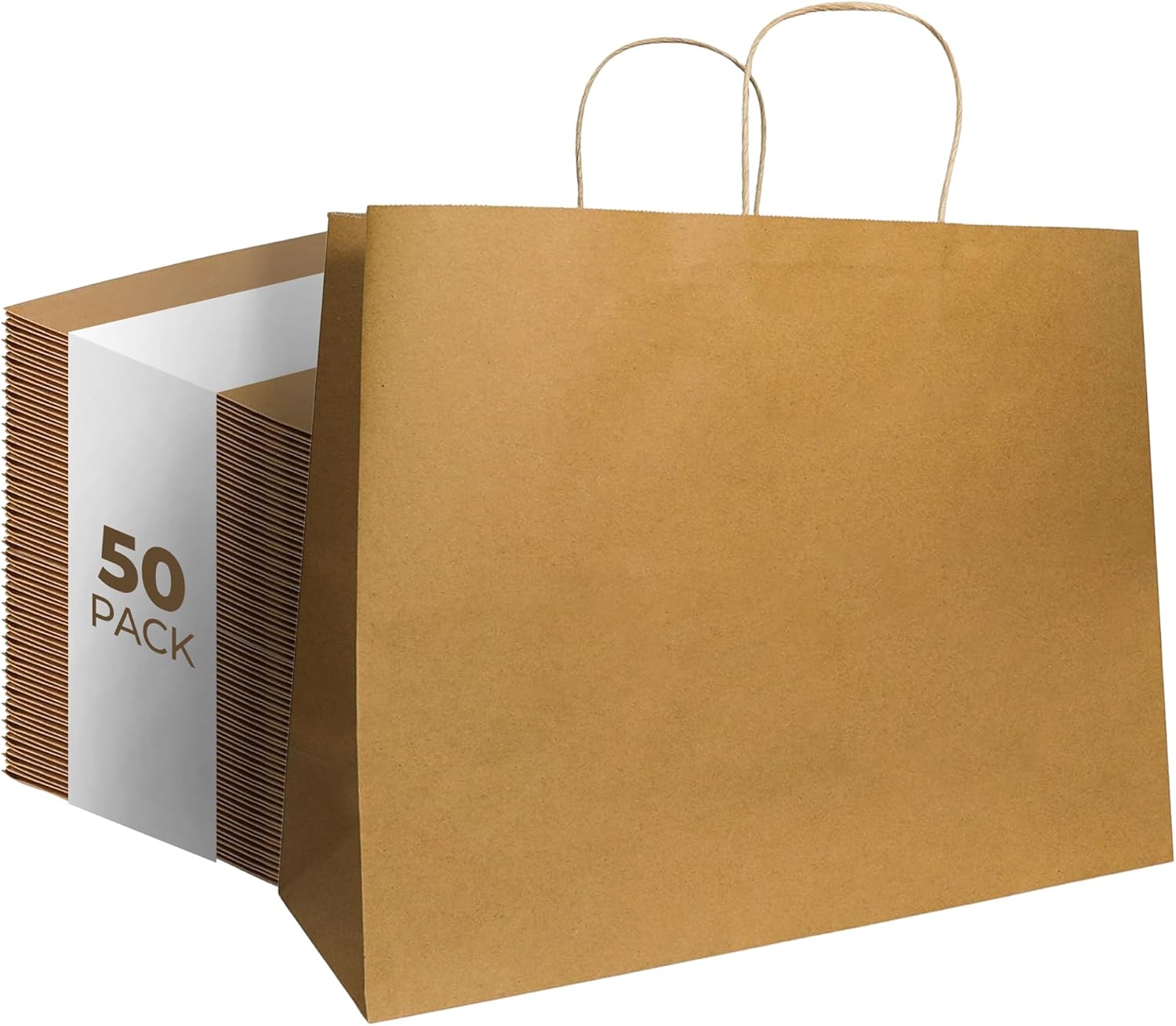 PTP BAGS Natural 16" x 6" x 12.5" Tote Bags [Pack of 50] Recyclable Kraft Paper Gift Bags