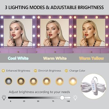 Makeup Vanity Desk with Mirror and Lights, Glass Top Vanity Table Set with Drawers & Power Outlet, Large Dressing Table with 3 Color Lighting Modes & RGB Cabinets for Women Girls Kids Bedroom, Purple