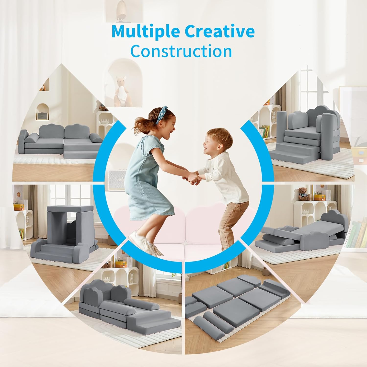 TABU Modular 10Pcs Modular Play Couch - Versatile Building Fort Sofa with Removable Covers, Creative DIY Playset for Playrooms & Bedrooms (Gray)