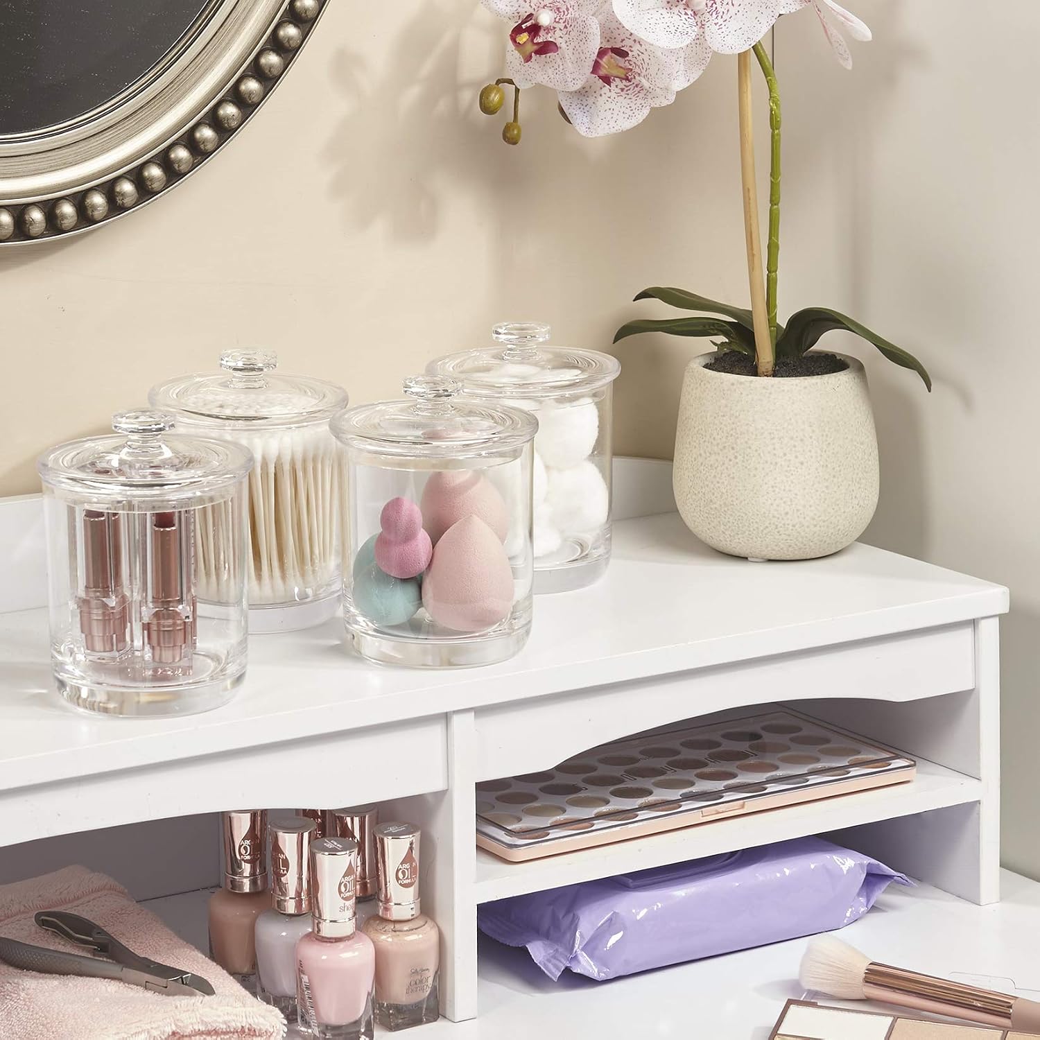 STORi 2-Pack Premium Quality Qtip and Cotton Ball Holders | 15-oz Clear Plastic Apothecary Jars with Lids | Perfect Containers for Bathroom and Vanity | Set of 2