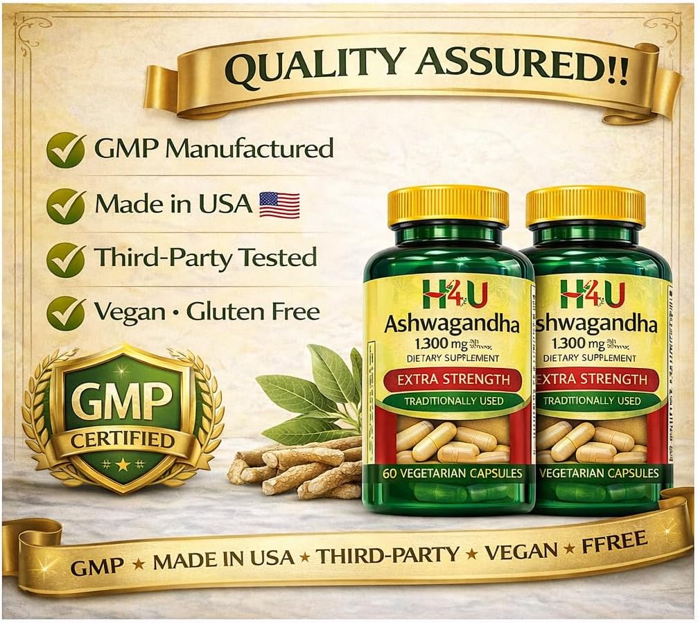 H4U 4 TOP Care Ashwagandha Dietary Supplement, 1300 mg, Stress Relief and Mood Enhancer, 60 Vegetarian Capsules (Pack of 2)